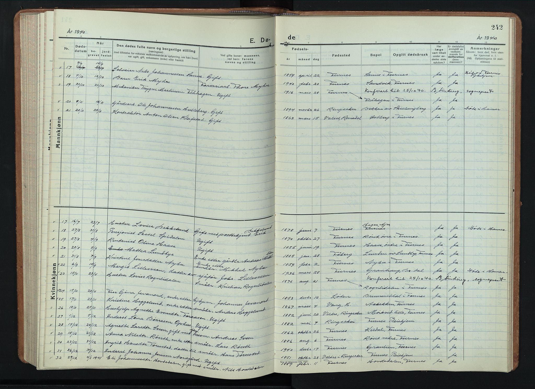 Furnes prestekontor, AV/SAH-PREST-012/L/La/L0002: Parish register (copy) no. 2, 1934-1956, p. 242