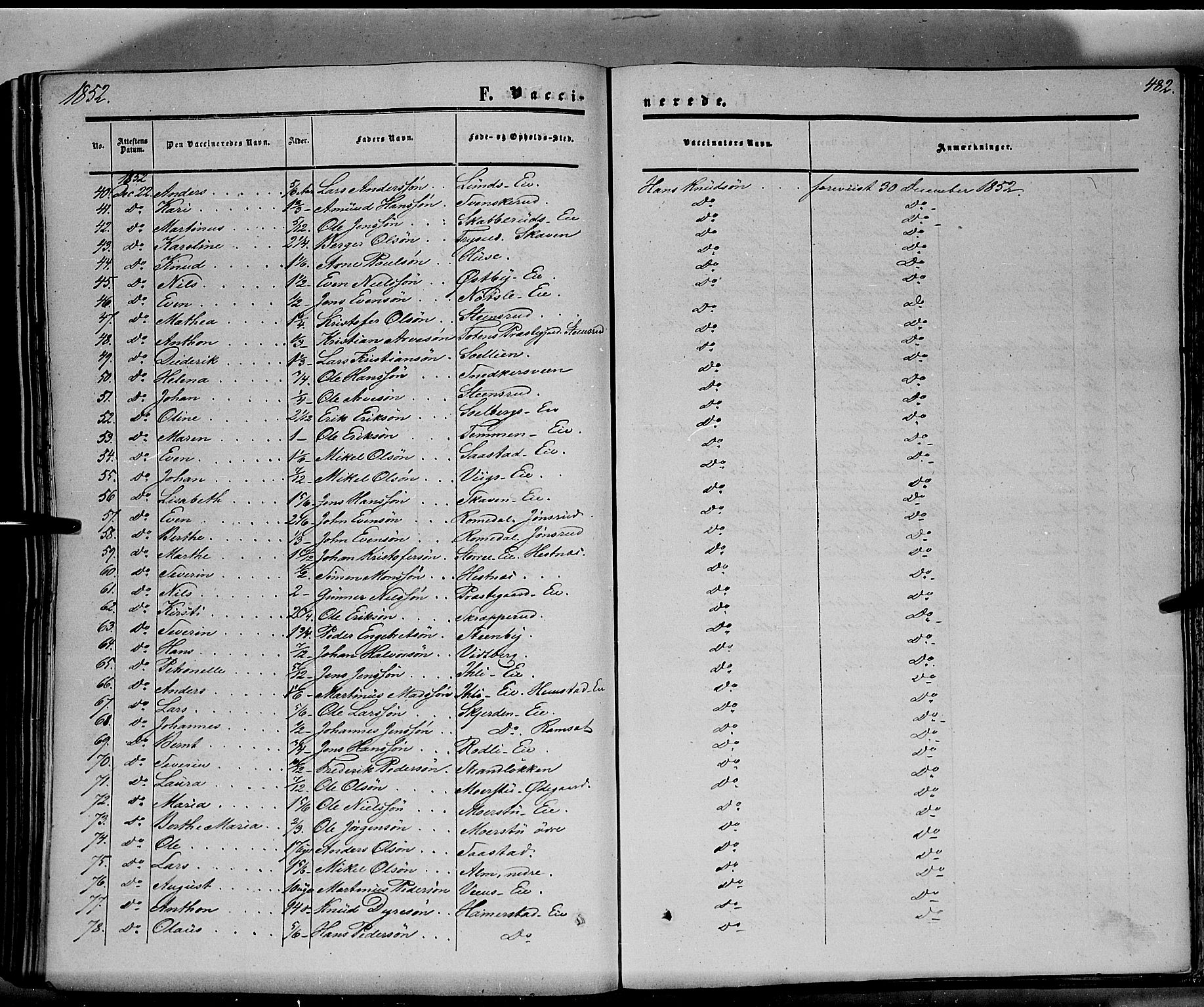 Stange prestekontor, SAH/PREST-002/K/L0012: Parish register (official) no. 12, 1852-1862, p. 482
