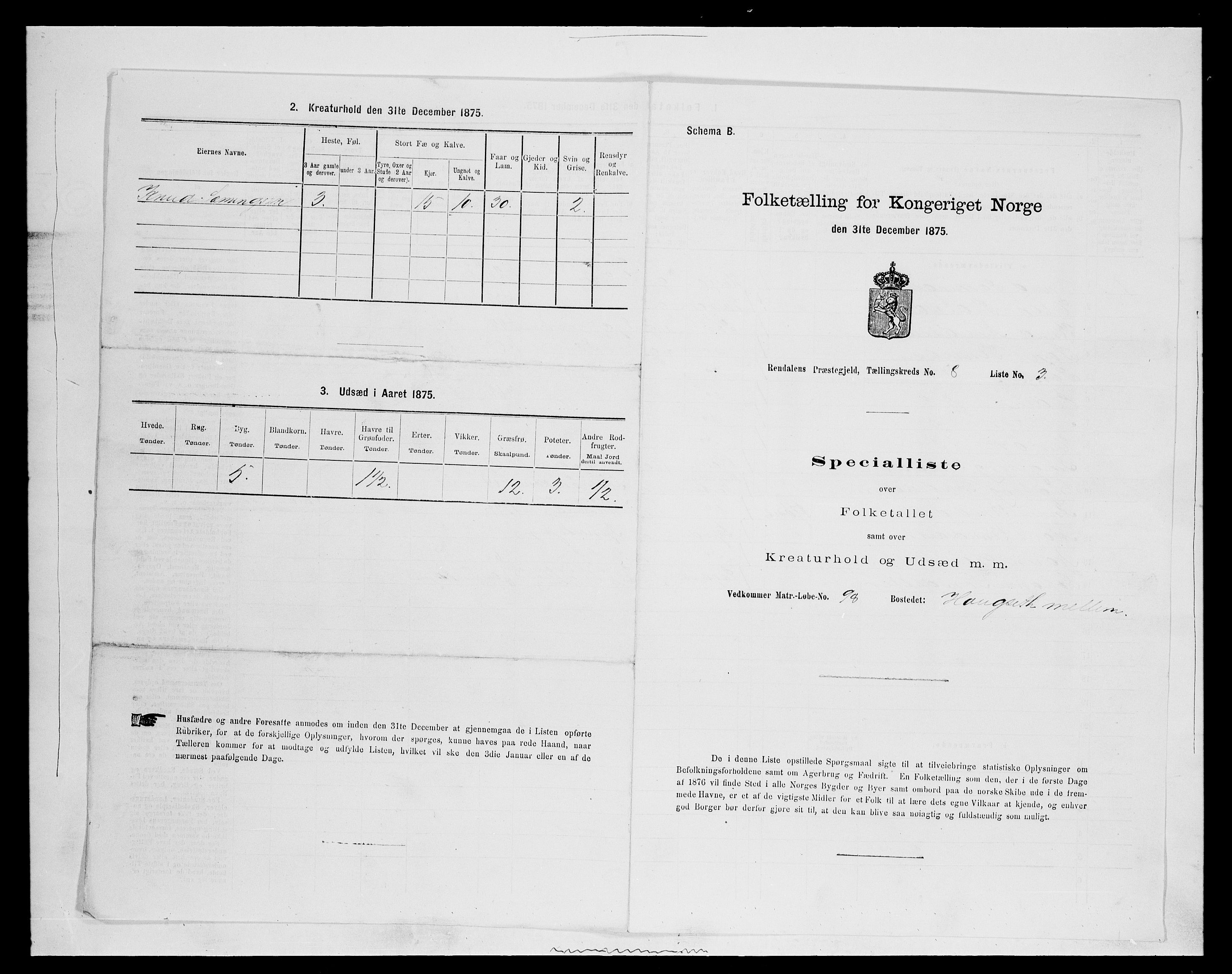 SAH, 1875 census for 0432P Rendalen, 1875, p. 706