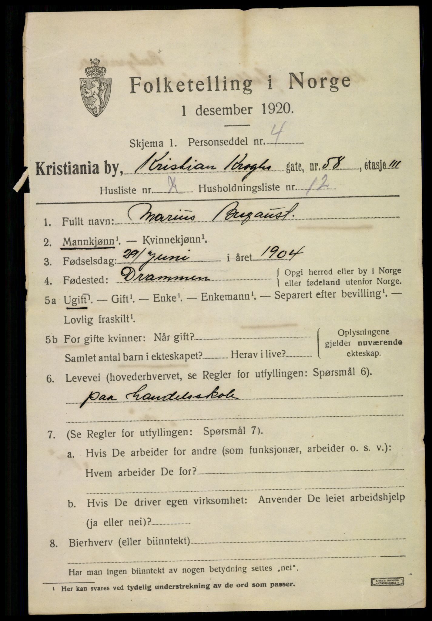 SAO, 1920 census for Kristiania, 1920, p. 185213