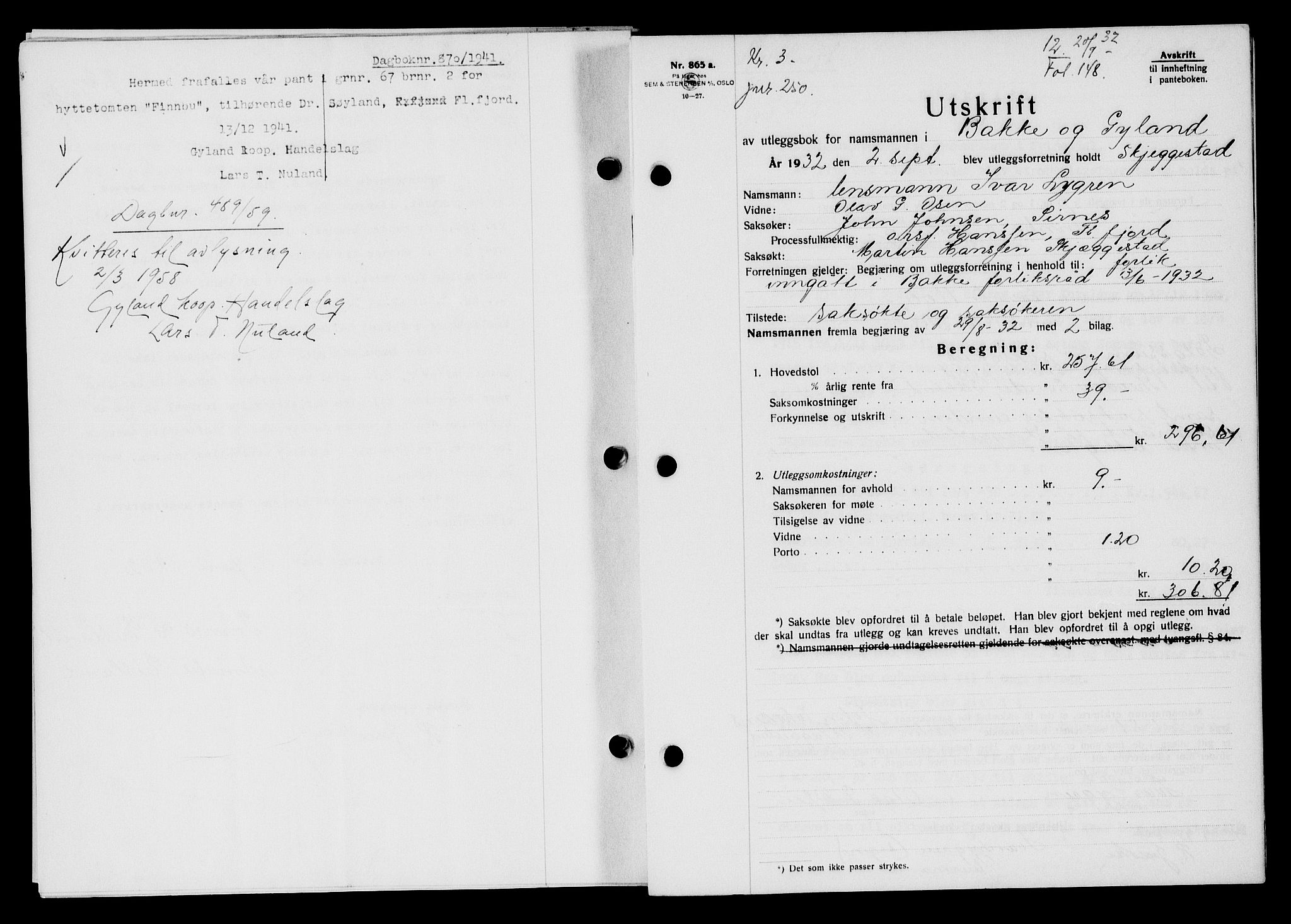 Flekkefjord sorenskriveri, SAK/1221-0001/G/Gb/Gba/L0047: Mortgage book no. 45, 1931-1932, Deed date: 20.09.1932