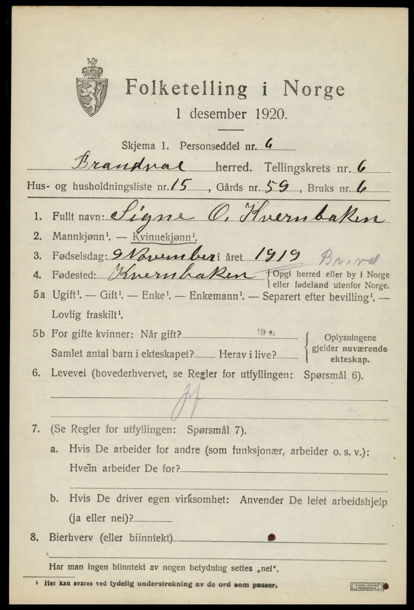 SAH, 1920 census for Brandval, 1920, p. 5434