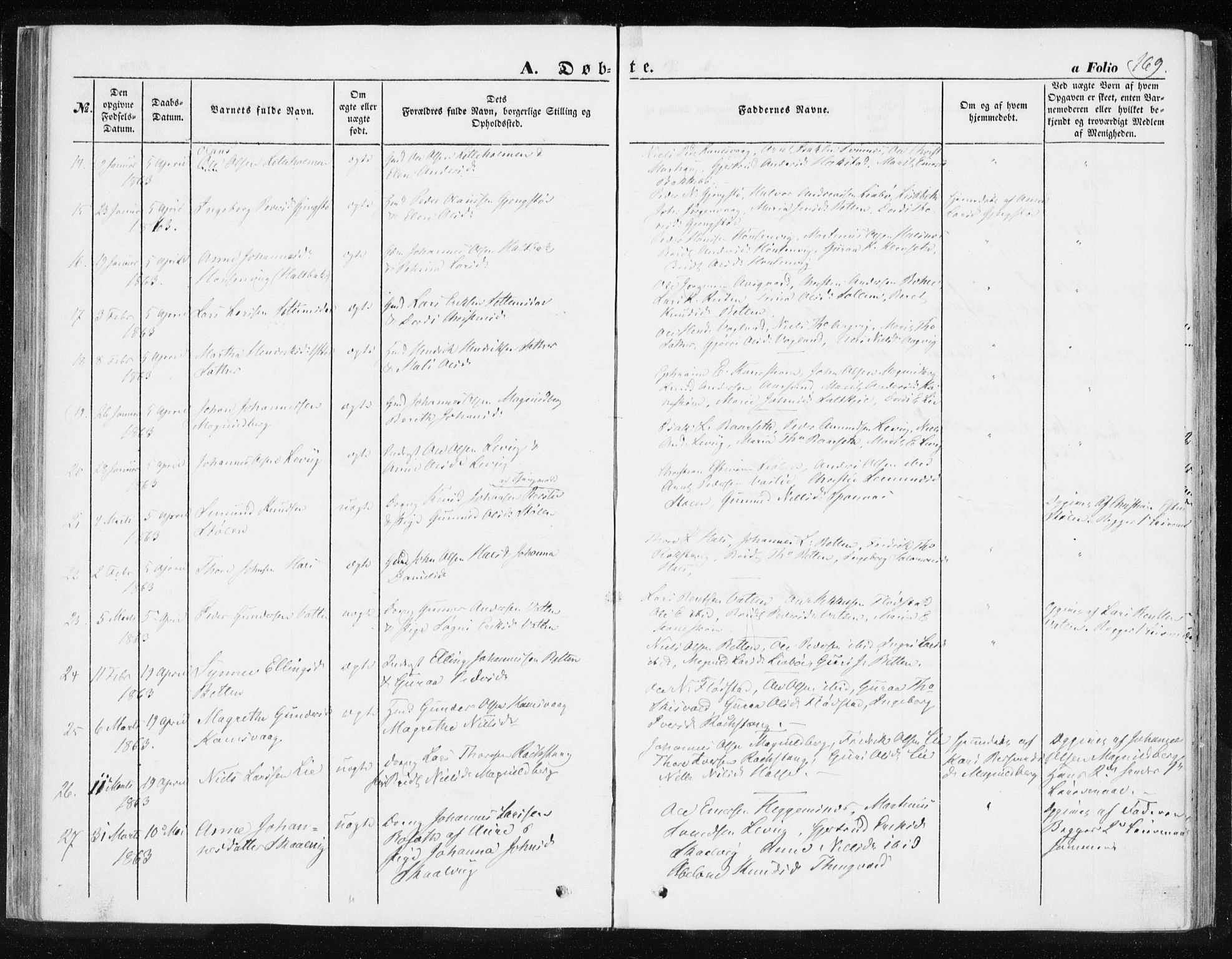 Ministerialprotokoller, klokkerbøker og fødselsregistre - Møre og Romsdal, AV/SAT-A-1454/576/L0883: Parish register (official) no. 576A01, 1849-1865, p. 169