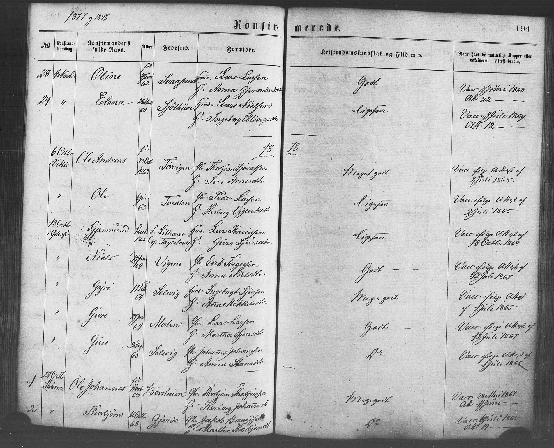Strandebarm sokneprestembete, SAB/A-78401/H/Haa: Parish register (official) no. A 9, 1872-1886, p. 194