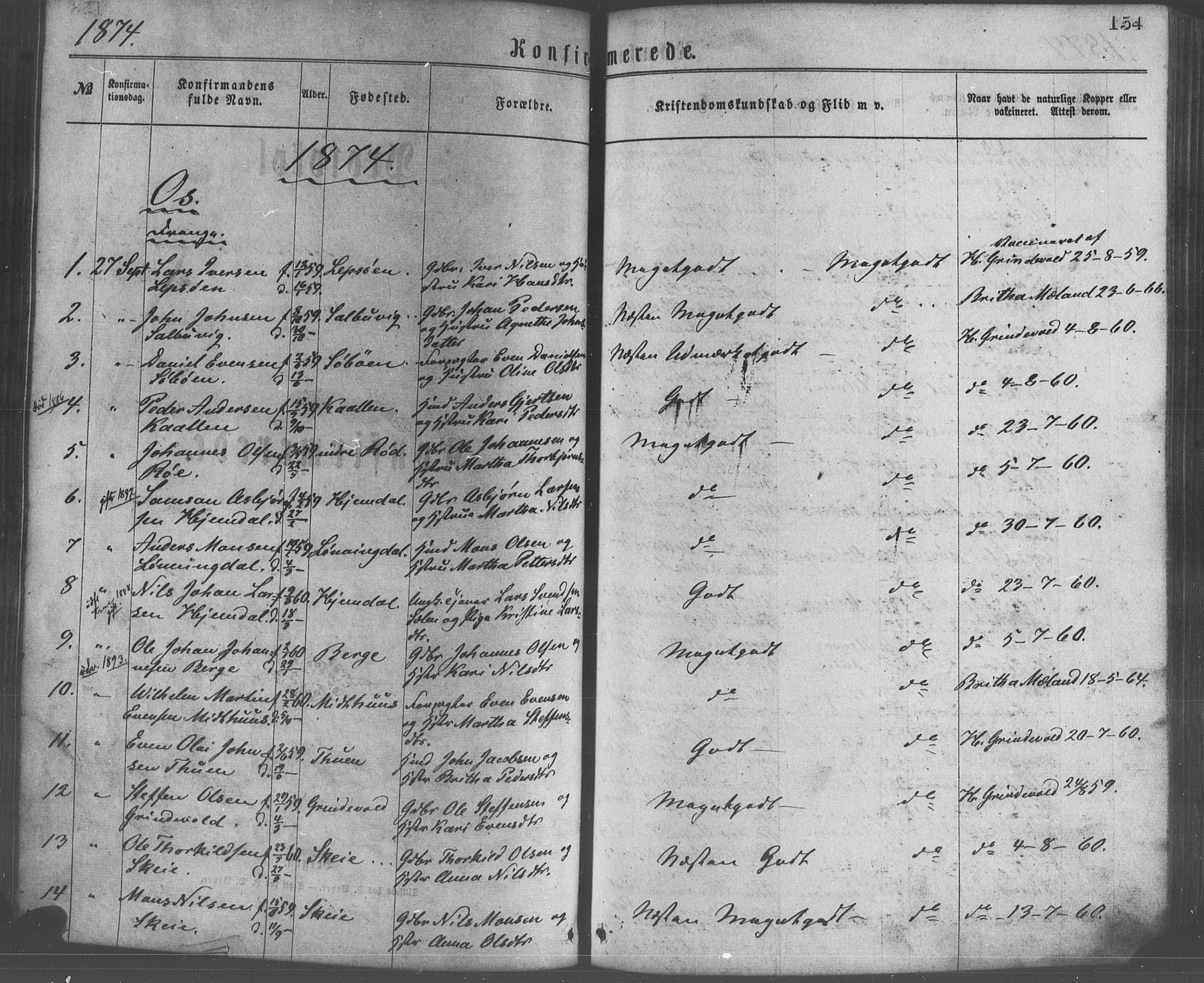 Os sokneprestembete, SAB/A-99929: Parish register (official) no. A 18, 1874-1884, p. 154