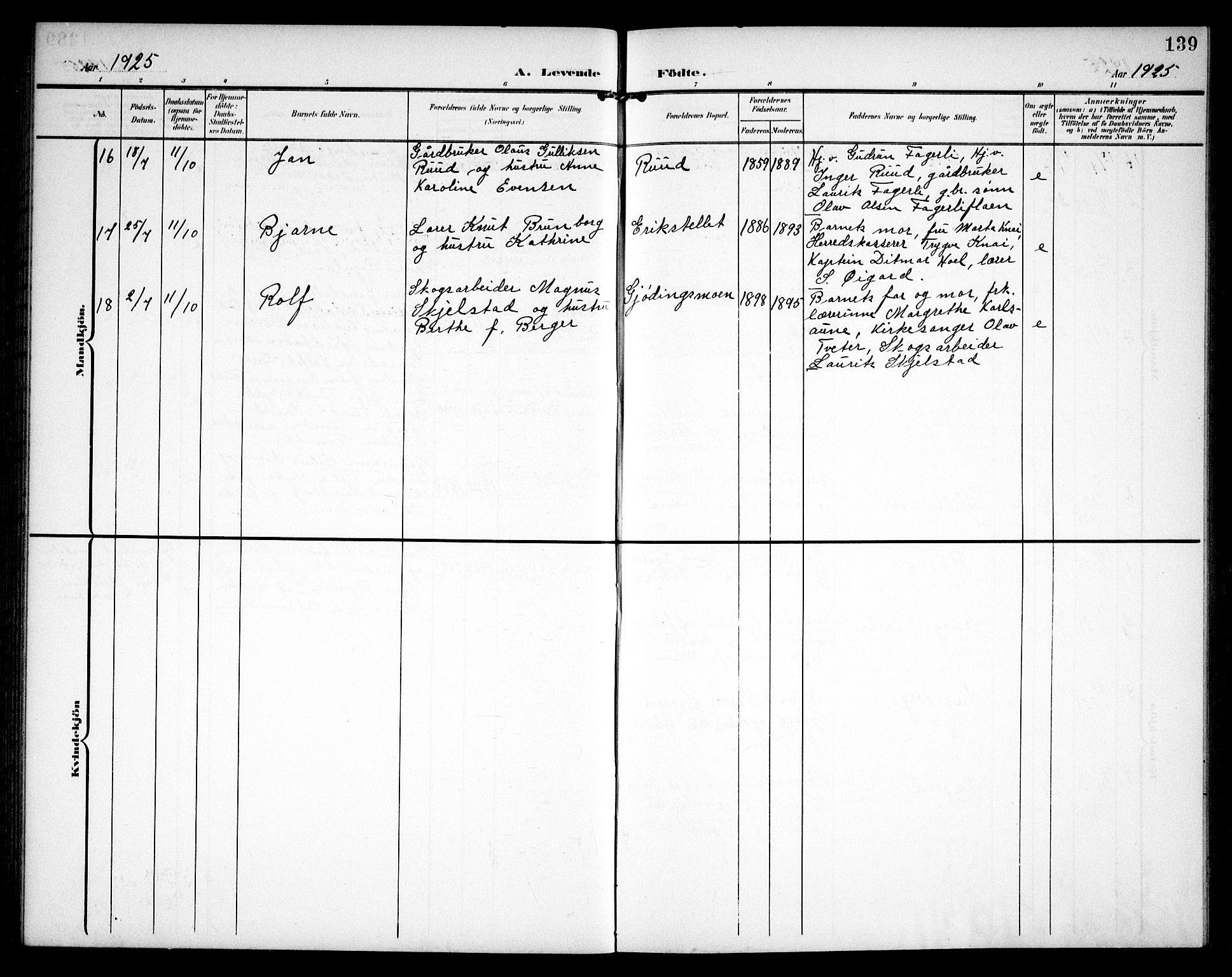 Hurdal prestekontor Kirkebøker, AV/SAO-A-10889/G/Ga/L0001: Parish register (copy) no. I 1, 1902-1934, p. 139