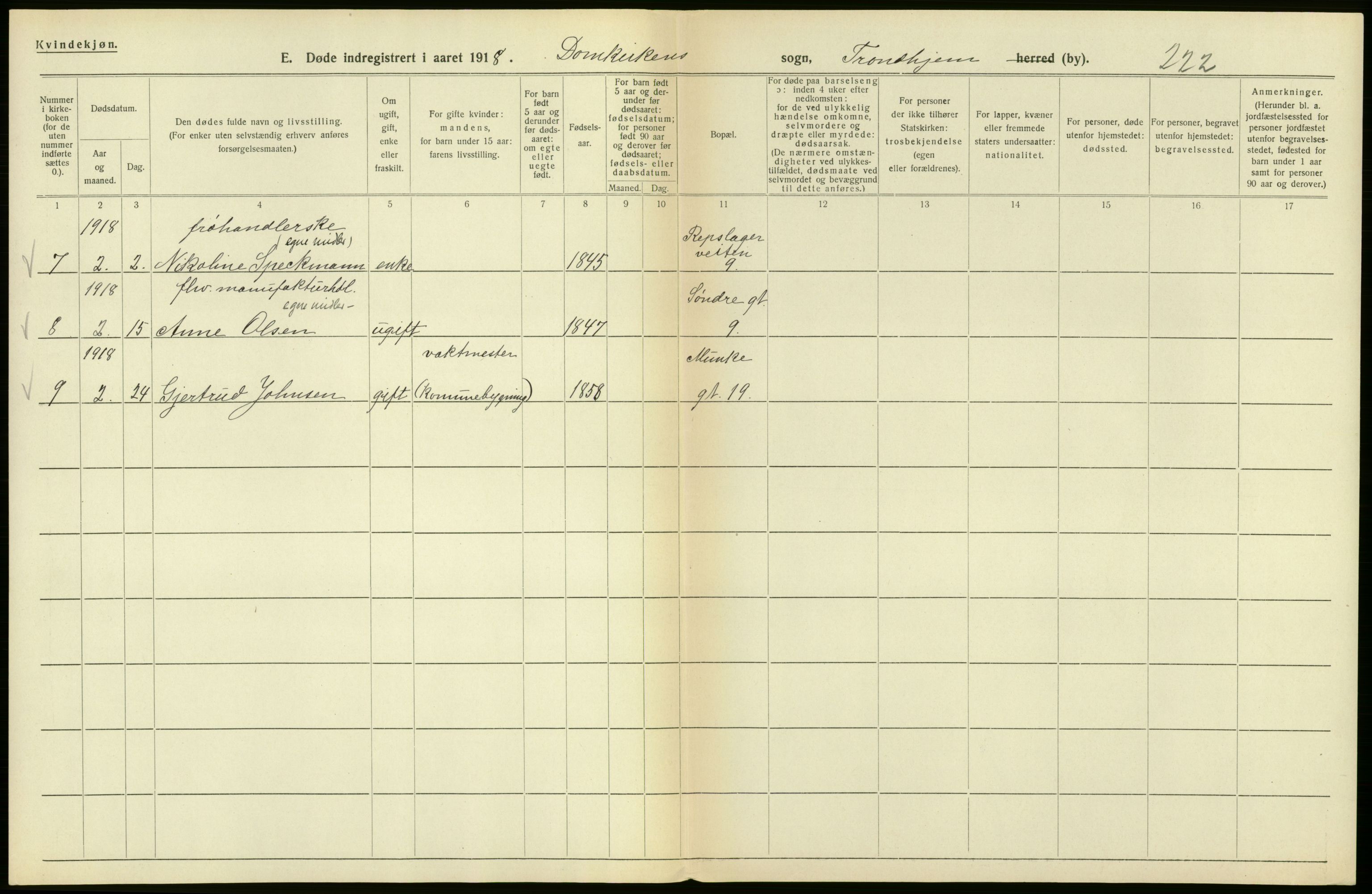 Statistisk sentralbyrå, Sosiodemografiske emner, Befolkning, RA/S-2228/D/Df/Dfb/Dfbh/L0049: Trondheim: Døde, dødfødte., 1918, p. 158