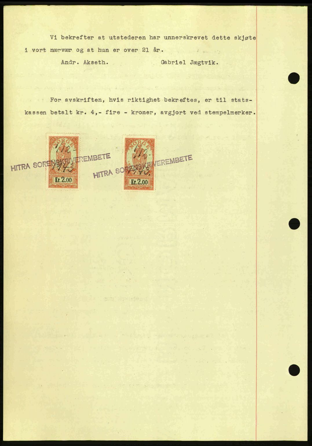 Hitra sorenskriveri, AV/SAT-A-0018/2/2C/2Ca: Mortgage book no. A2, 1943-1945, Diary no: : 850/1943