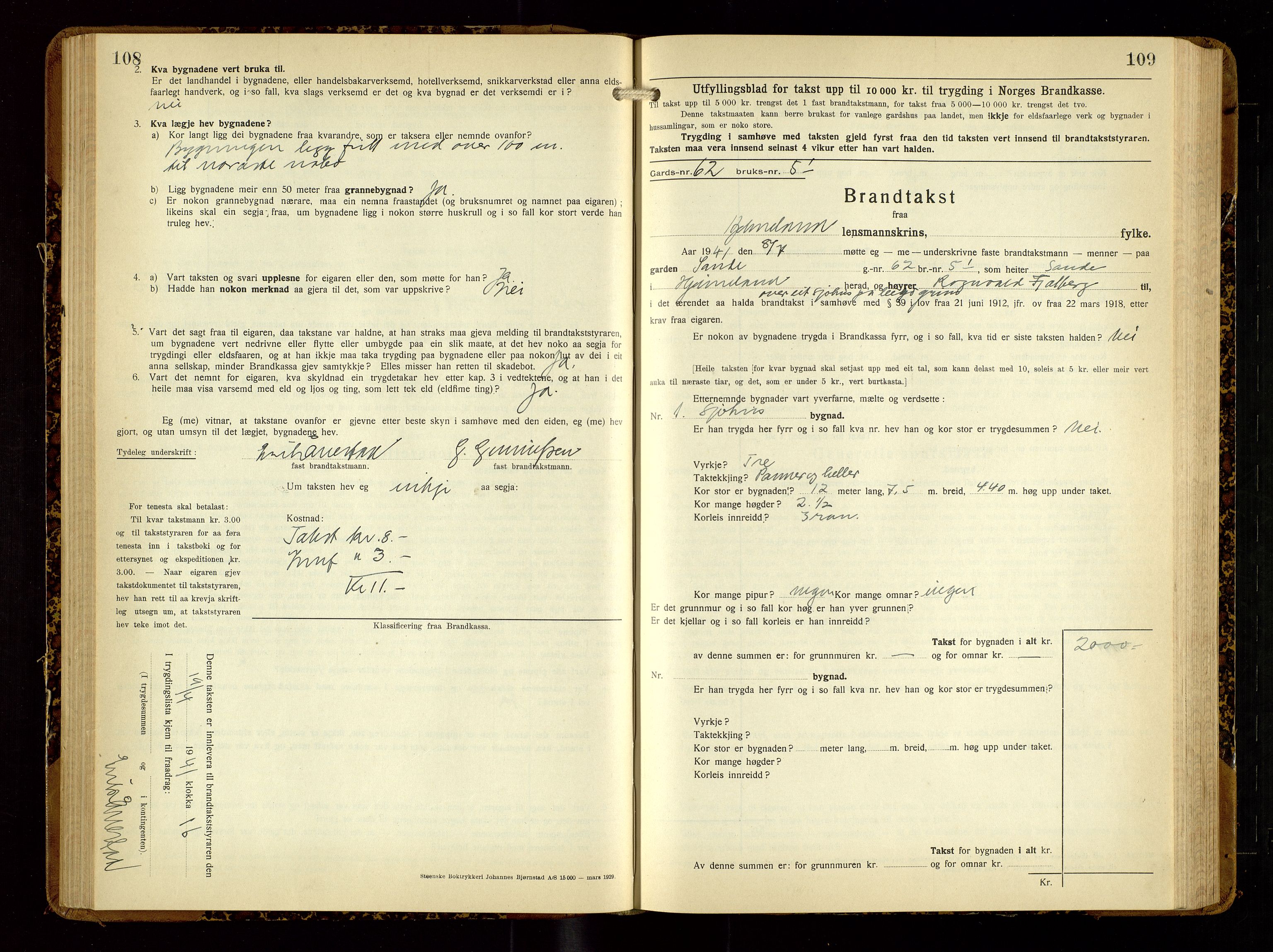 Hjelmeland lensmannskontor, SAST/A-100439/Gob/L0003: "Brandtakstbok", 1932-1950, p. 108-109