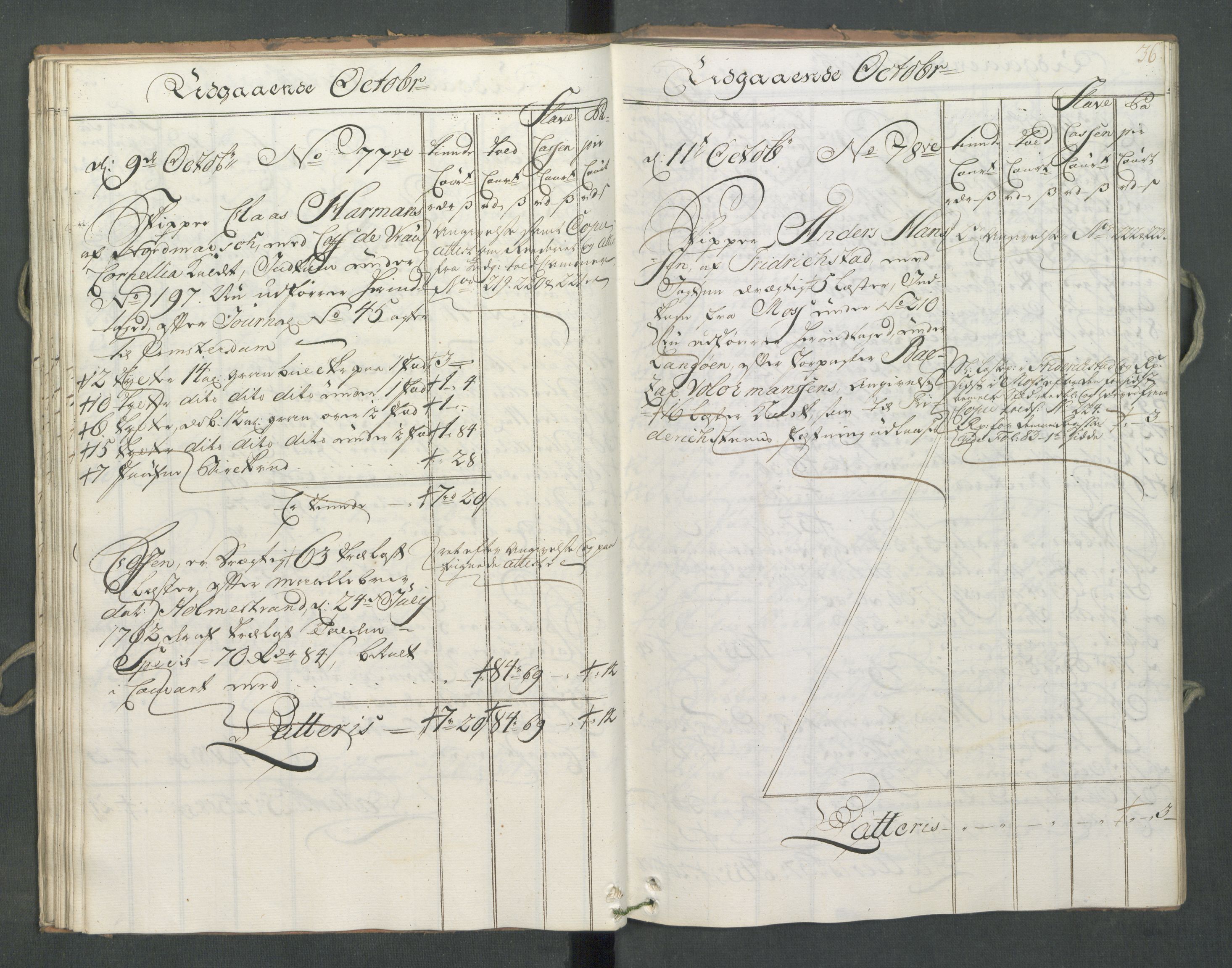 Generaltollkammeret, tollregnskaper, RA/EA-5490/R09/L0034/0001: Tollregnskaper Holmestrand / Utgående hovedtollbok, 1762, p. 35b-36a