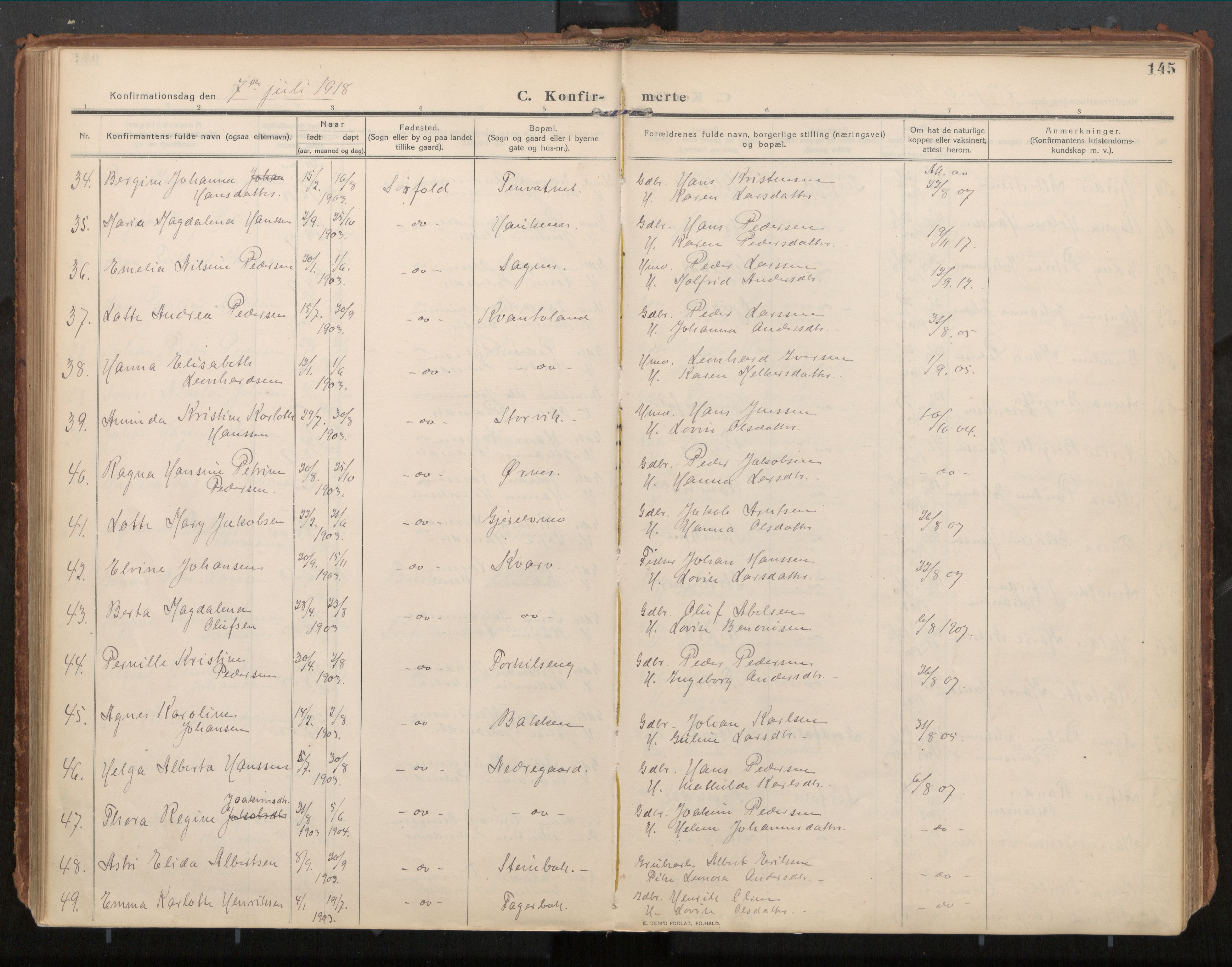 Ministerialprotokoller, klokkerbøker og fødselsregistre - Nordland, AV/SAT-A-1459/854/L0784: Parish register (official) no. 854A07, 1910-1922, p. 145