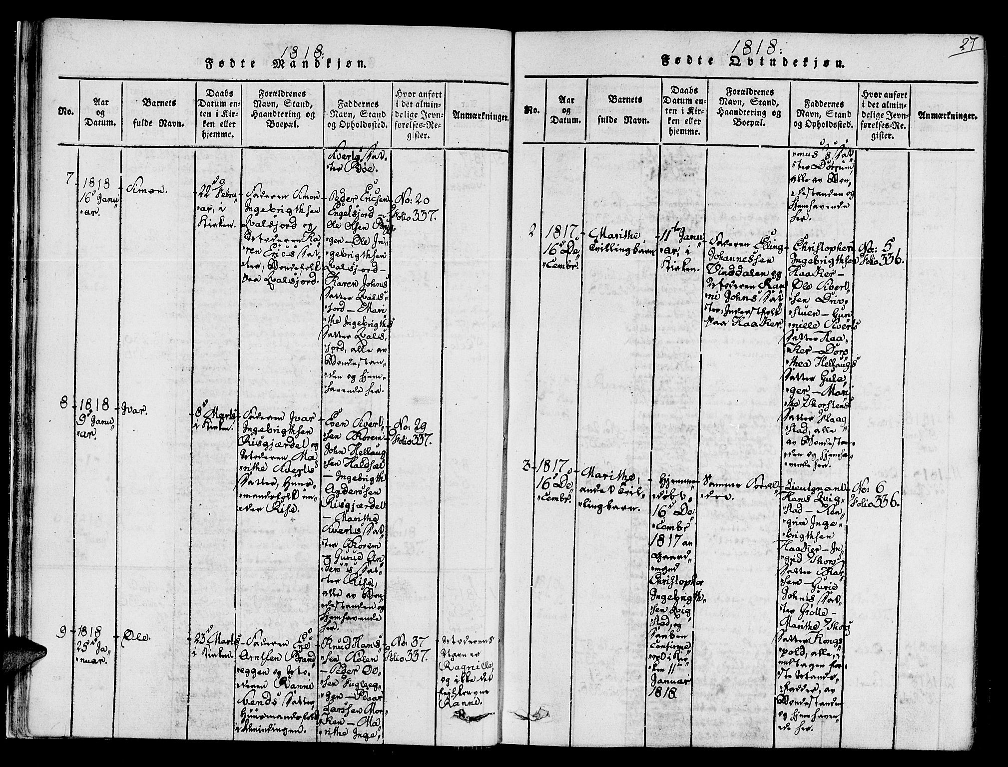 Ministerialprotokoller, klokkerbøker og fødselsregistre - Sør-Trøndelag, SAT/A-1456/678/L0895: Parish register (official) no. 678A05 /1, 1816-1821, p. 27
