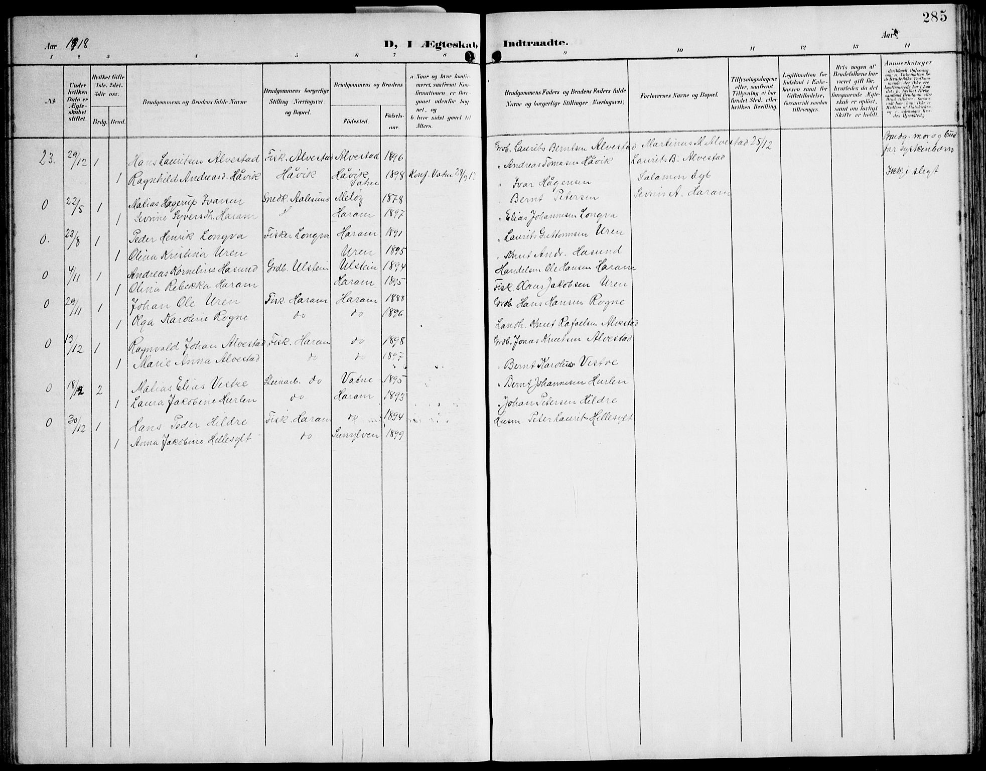 Ministerialprotokoller, klokkerbøker og fødselsregistre - Møre og Romsdal, SAT/A-1454/536/L0511: Parish register (copy) no. 536C06, 1899-1944, p. 285