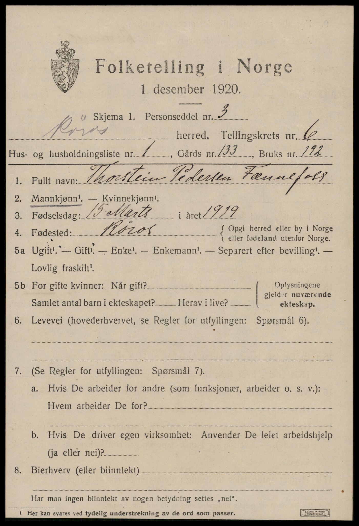 SAT, 1920 census for Røros, 1920, p. 6206