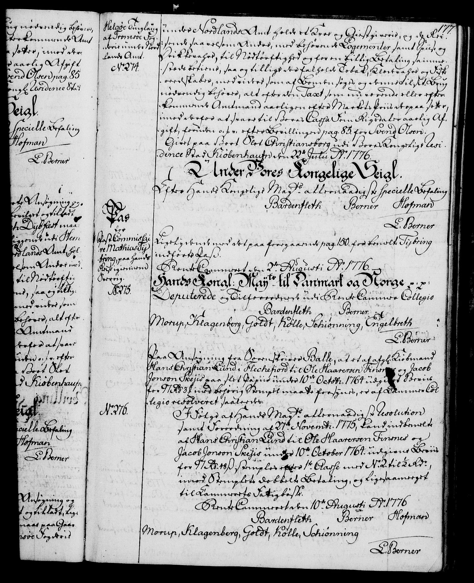 Rentekammeret, Kammerkanselliet, RA/EA-3111/G/Gg/Gga/L0010: Norsk ekspedisjonsprotokoll med register (merket RK 53.10), 1773-1778, p. 177