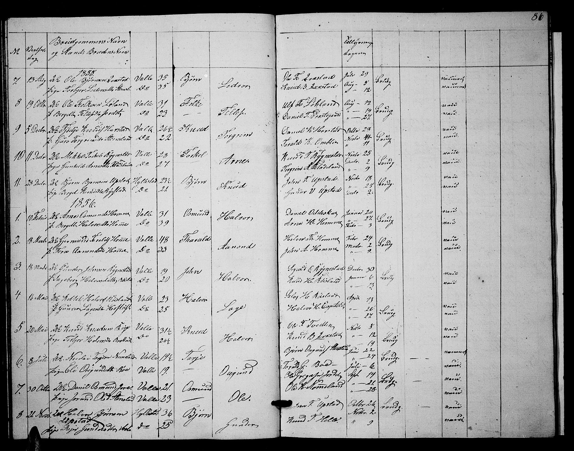 Valle sokneprestkontor, AV/SAK-1111-0044/F/Fb/Fbc/L0002: Parish register (copy) no. B 2, 1848-1870, p. 86