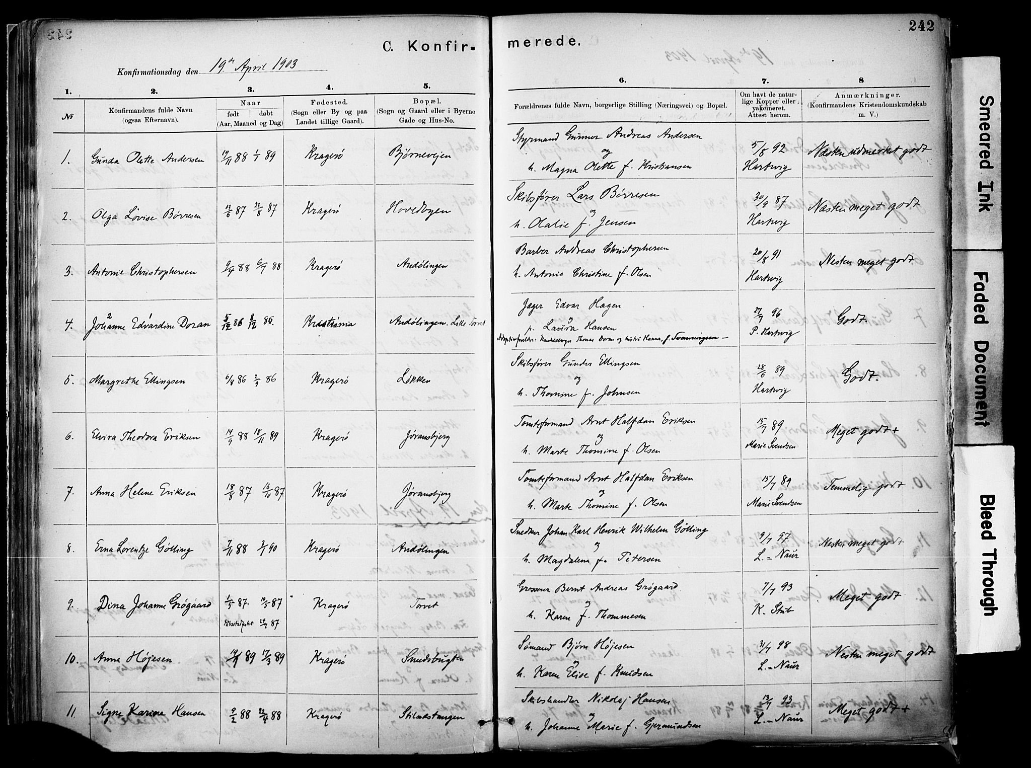 Kragerø kirkebøker, SAKO/A-278/F/Fa/L0012: Parish register (official) no. 12, 1880-1904, p. 242