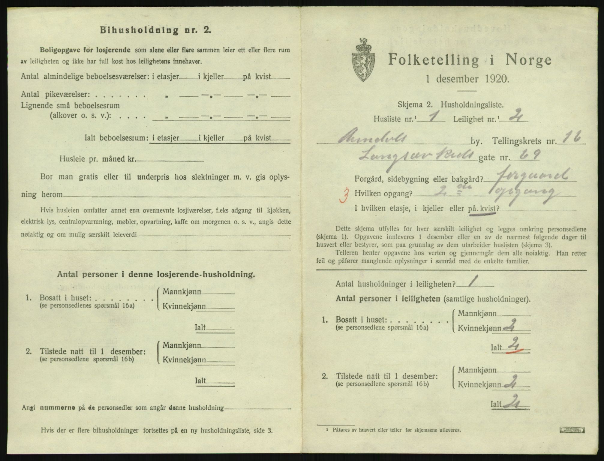 SAK, 1920 census for Arendal, 1920, p. 7454