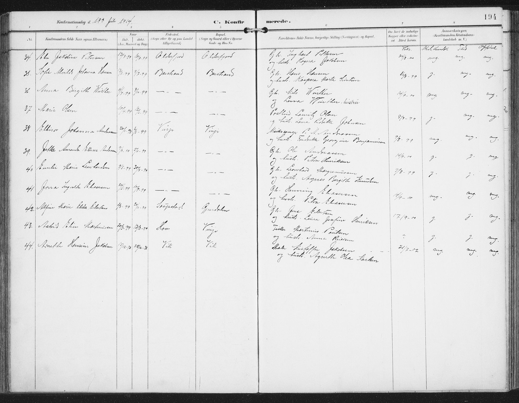 Ministerialprotokoller, klokkerbøker og fødselsregistre - Nordland, AV/SAT-A-1459/876/L1098: Parish register (official) no. 876A04, 1896-1915, p. 194