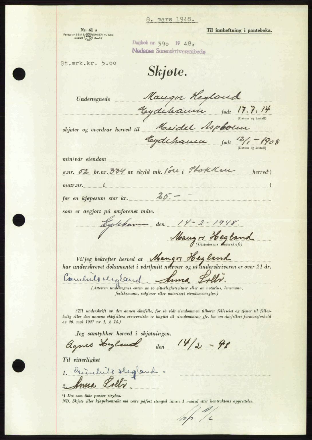 Nedenes sorenskriveri, AV/SAK-1221-0006/G/Gb/Gba/L0059: Mortgage book no. A11, 1948-1948, Diary no: : 390/1948