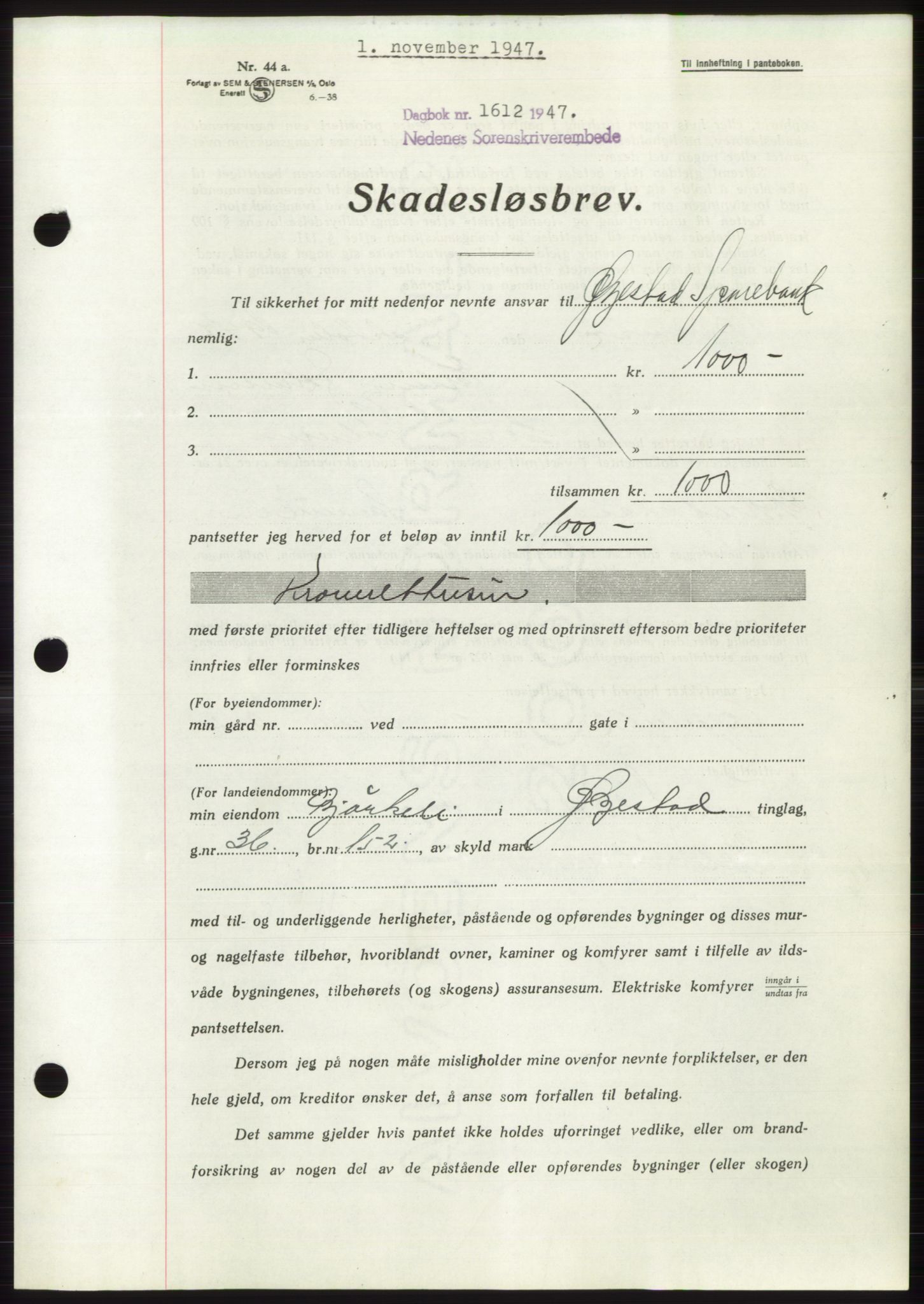 Nedenes sorenskriveri, AV/SAK-1221-0006/G/Gb/Gbb/L0004: Mortgage book no. B4, 1947-1947, Diary no: : 1612/1947