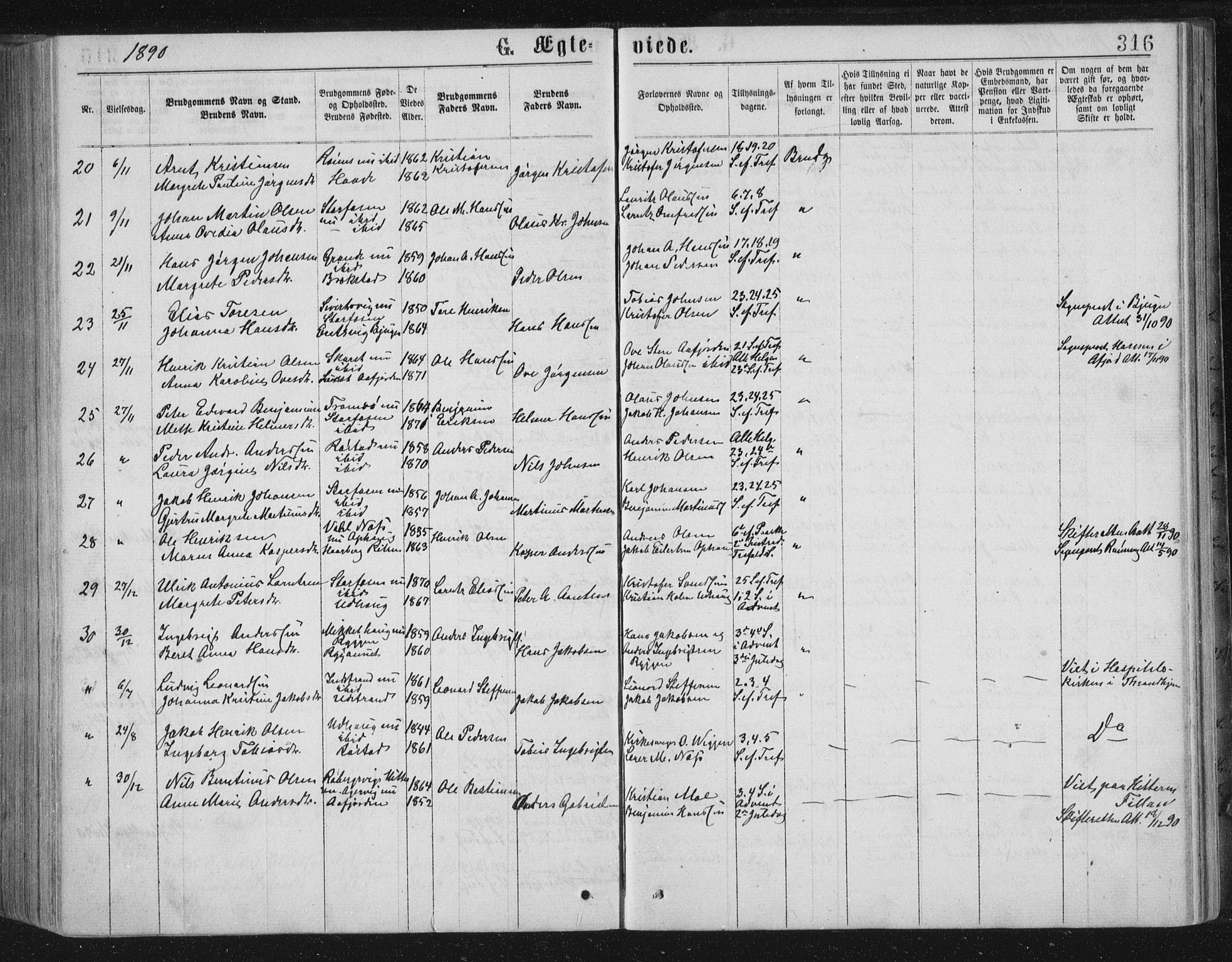 Ministerialprotokoller, klokkerbøker og fødselsregistre - Sør-Trøndelag, SAT/A-1456/659/L0745: Parish register (copy) no. 659C02, 1869-1892, p. 316