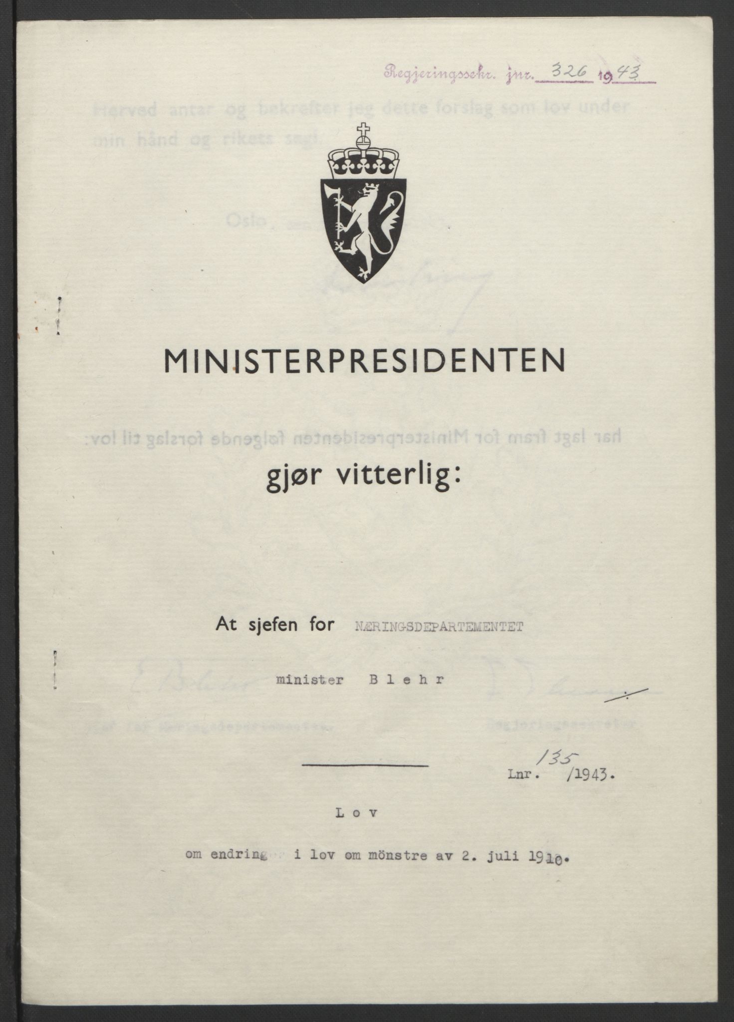 NS-administrasjonen 1940-1945 (Statsrådsekretariatet, de kommisariske statsråder mm), RA/S-4279/D/Db/L0099: Lover, 1943, p. 628