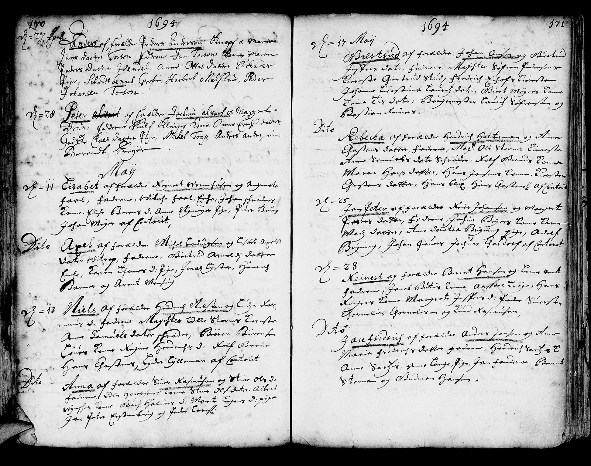 Korskirken sokneprestembete, SAB/A-76101/H/Haa/L0002: Parish register (official) no. A 2, 1688-1697, p. 170-171
