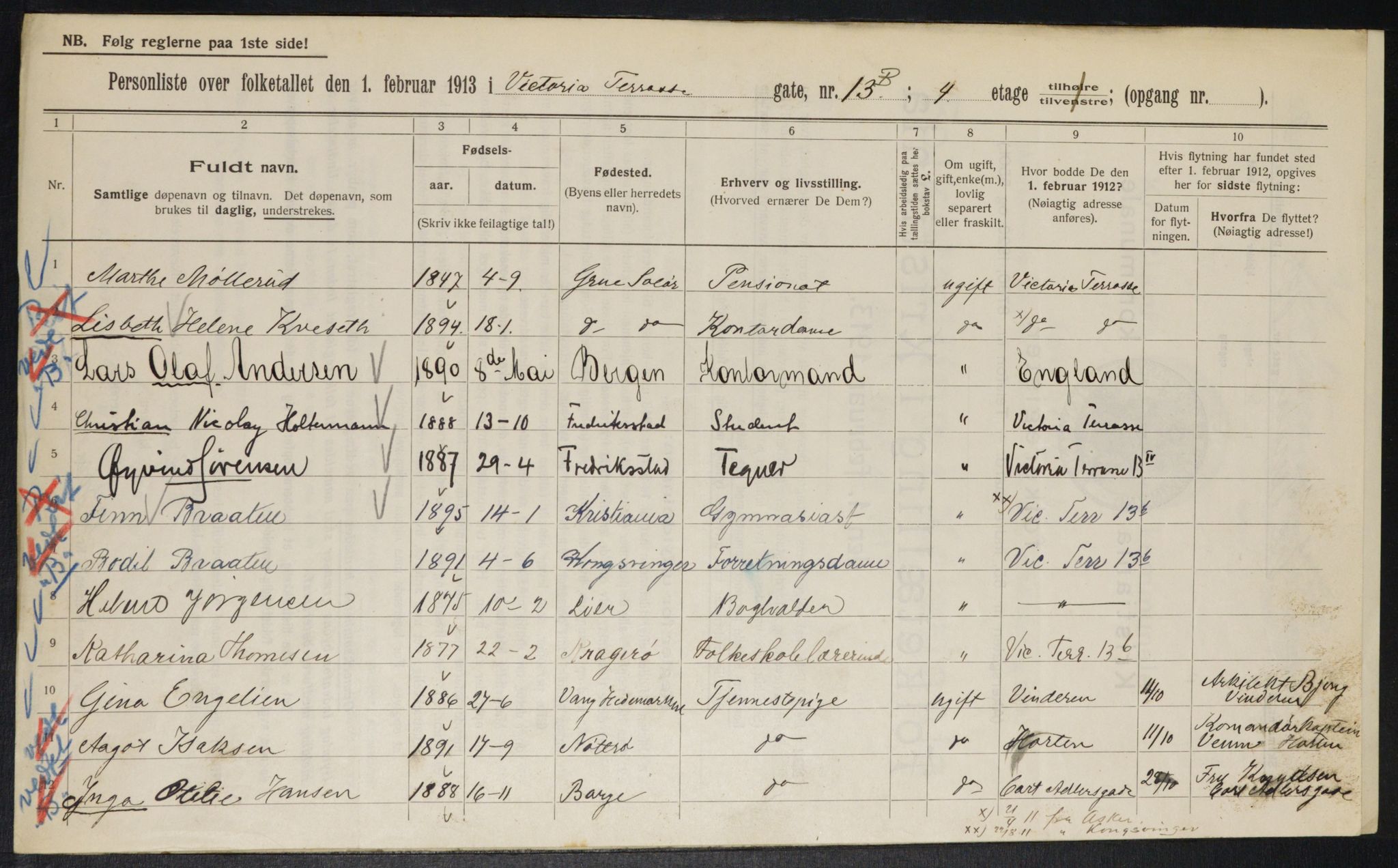 OBA, Municipal Census 1913 for Kristiania, 1913, p. 123435