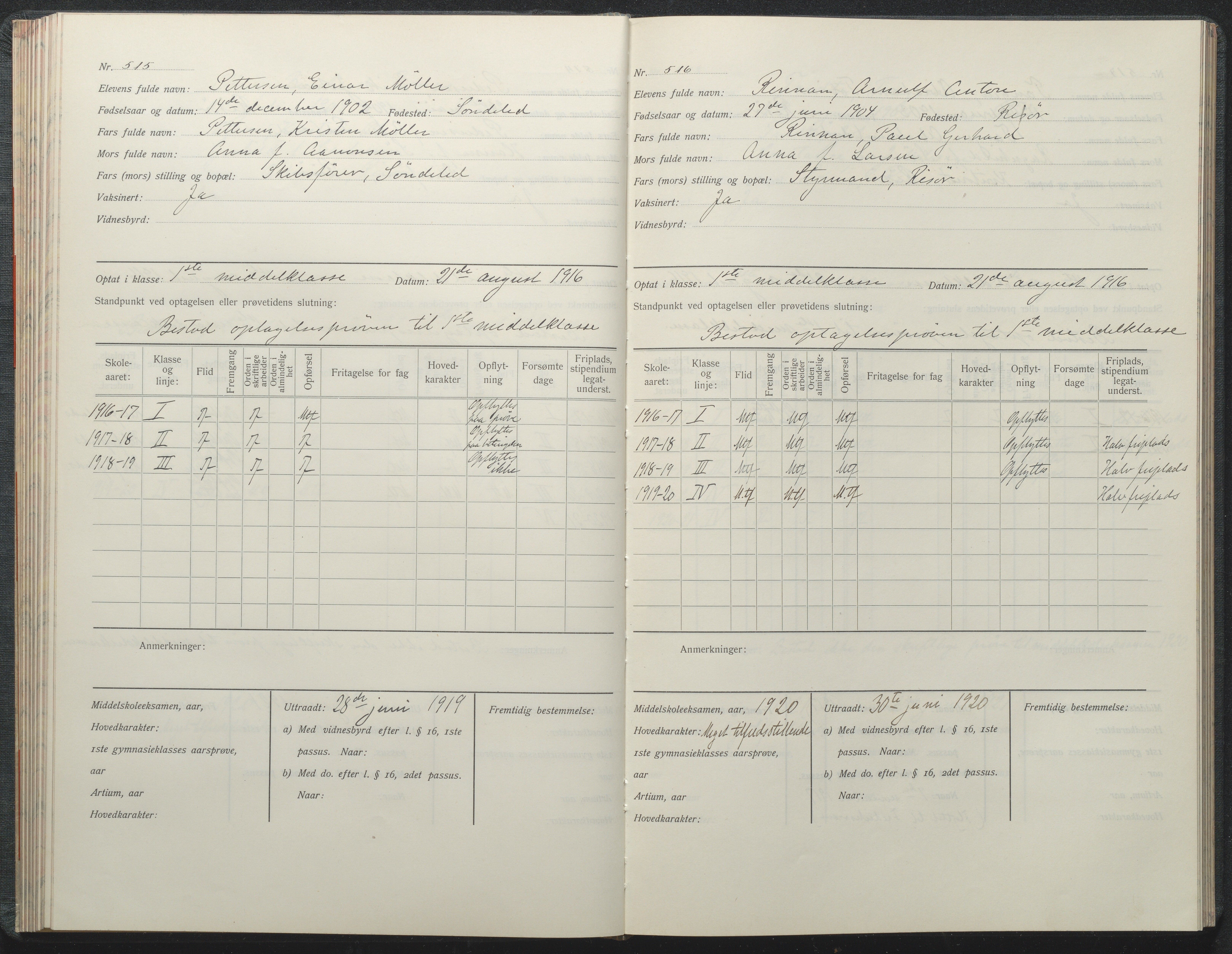 Risør kommune, AAKS/KA0901-PK/1/05/05i/L0002: Manntallsprotokoll, 1911-1925, p. 515-516