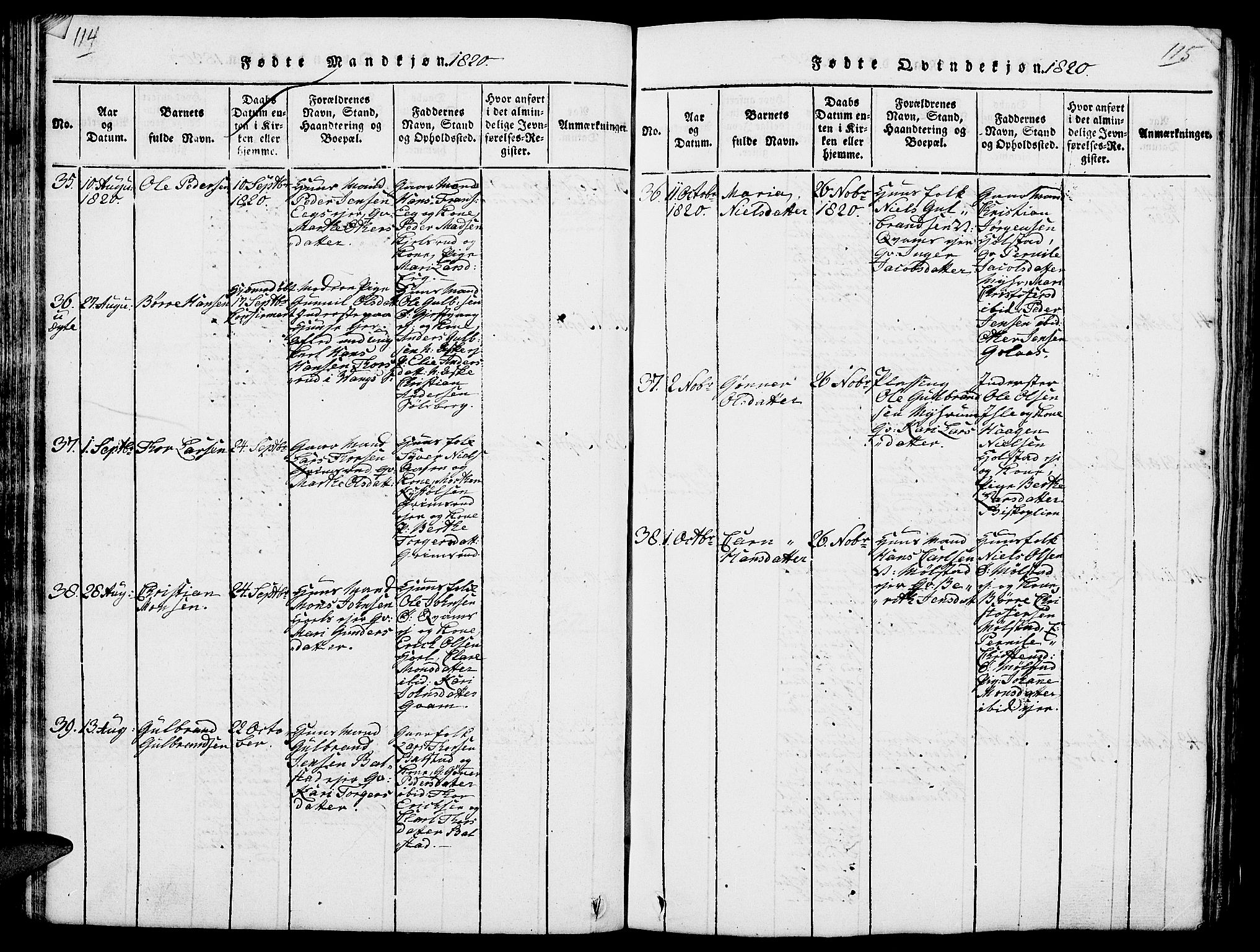 Nes prestekontor, Hedmark, AV/SAH-PREST-020/L/La/L0003: Parish register (copy) no. 3, 1814-1831, p. 114-115