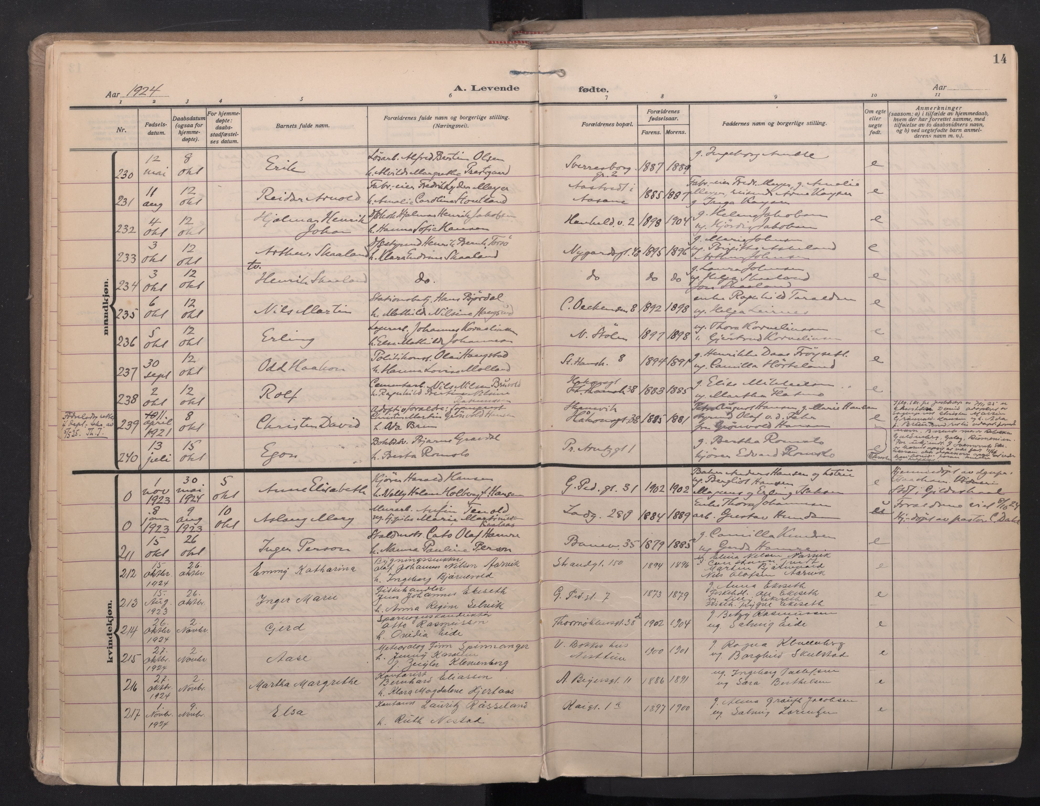 Sandviken Sokneprestembete, AV/SAB-A-77601/H/Ha/L0008: Parish register (official) no. B 5, 1924-1944, p. 14