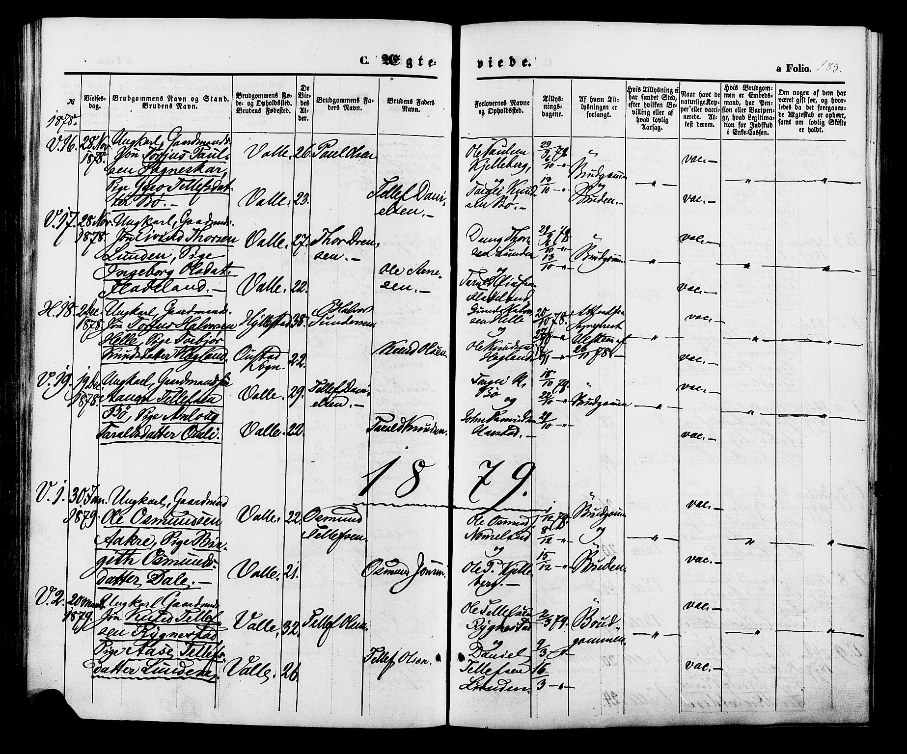 Valle sokneprestkontor, AV/SAK-1111-0044/F/Fa/Fac/L0008: Parish register (official) no. A 8, 1868-1882, p. 183