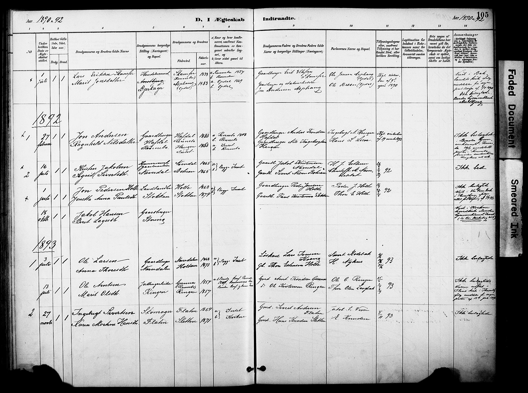 Kvikne prestekontor, AV/SAH-PREST-064/H/Ha/Haa/L0007: Parish register (official) no. 7, 1887-1911, p. 105