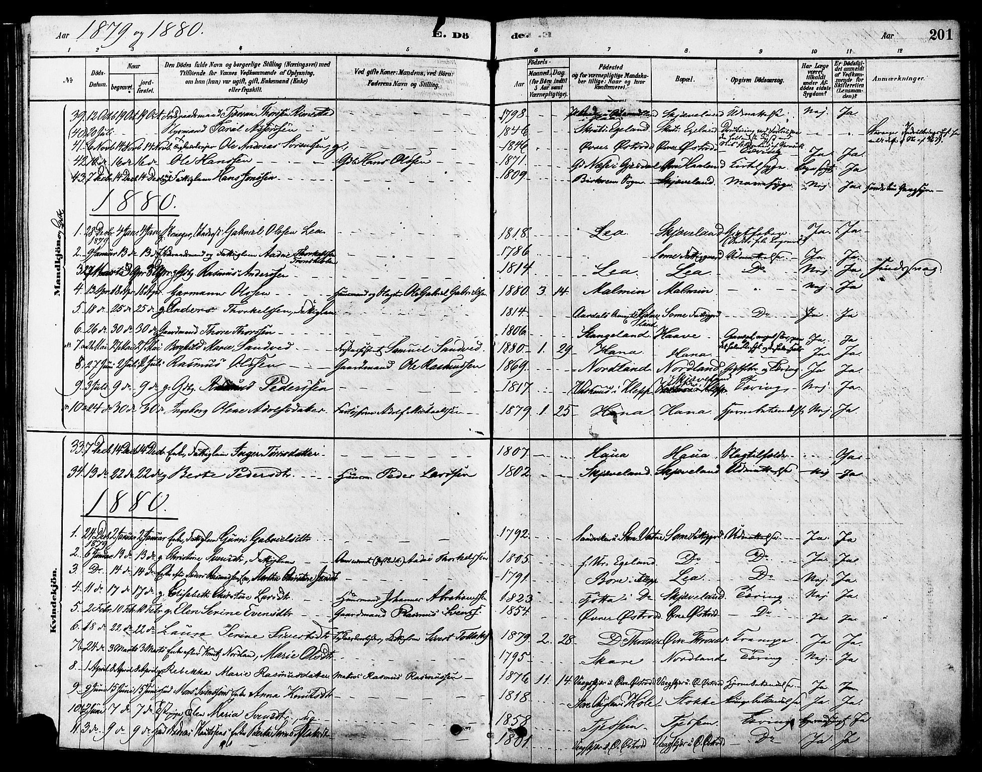 Høyland sokneprestkontor, AV/SAST-A-101799/001/30BA/L0011: Parish register (official) no. A 10, 1878-1888, p. 201