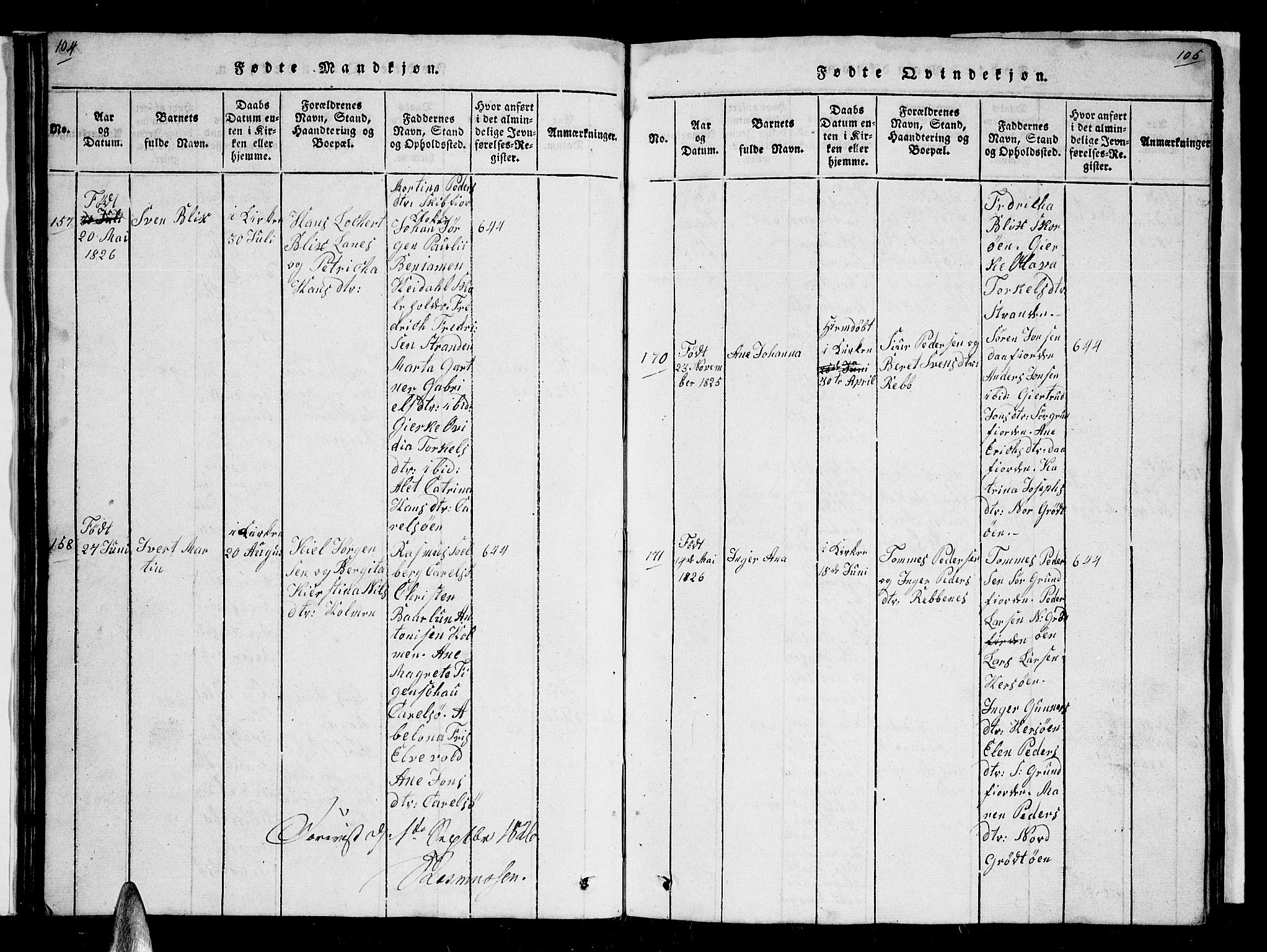 Karlsøy sokneprestembete, AV/SATØ-S-1299/H/Ha/Hab/L0001klokker: Parish register (copy) no. 1, 1821-1840, p. 104-105