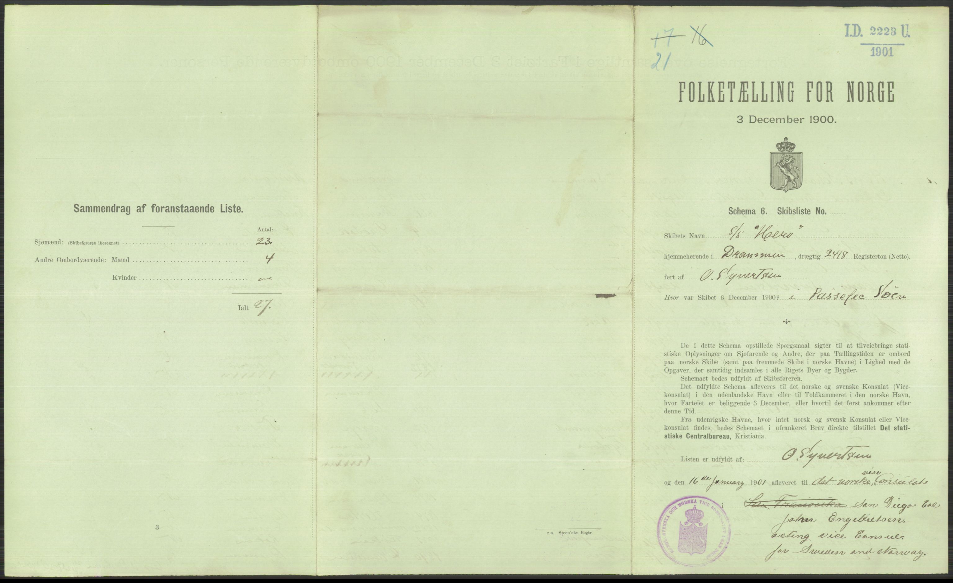 RA, 1900 Census - ship lists from ships in Norwegian harbours, harbours abroad and at sea, 1900, p. 6175