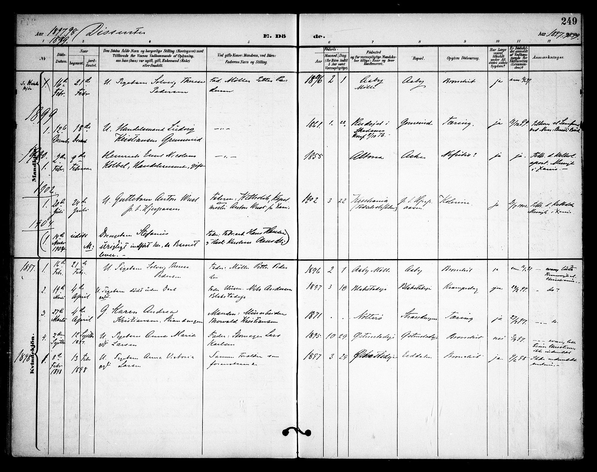 Asker prestekontor Kirkebøker, SAO/A-10256a/F/Fa/L0015: Parish register (official) no. I 15, 1896-1915, p. 249