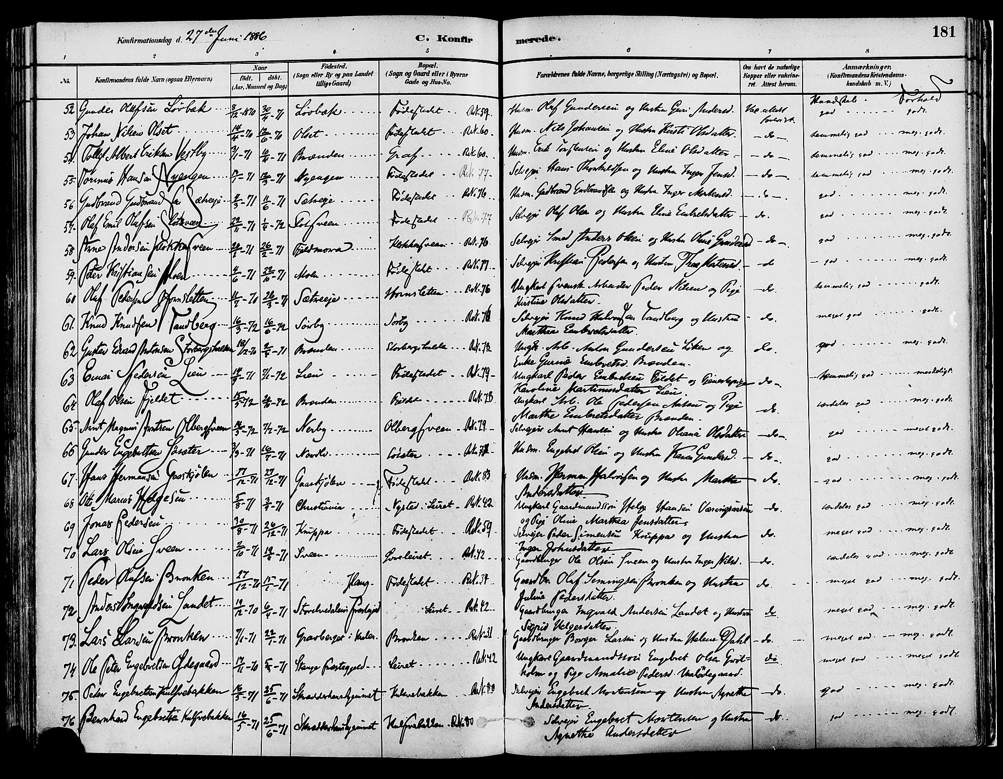 Elverum prestekontor, AV/SAH-PREST-044/H/Ha/Haa/L0013: Parish register (official) no. 13, 1880-1890, p. 181