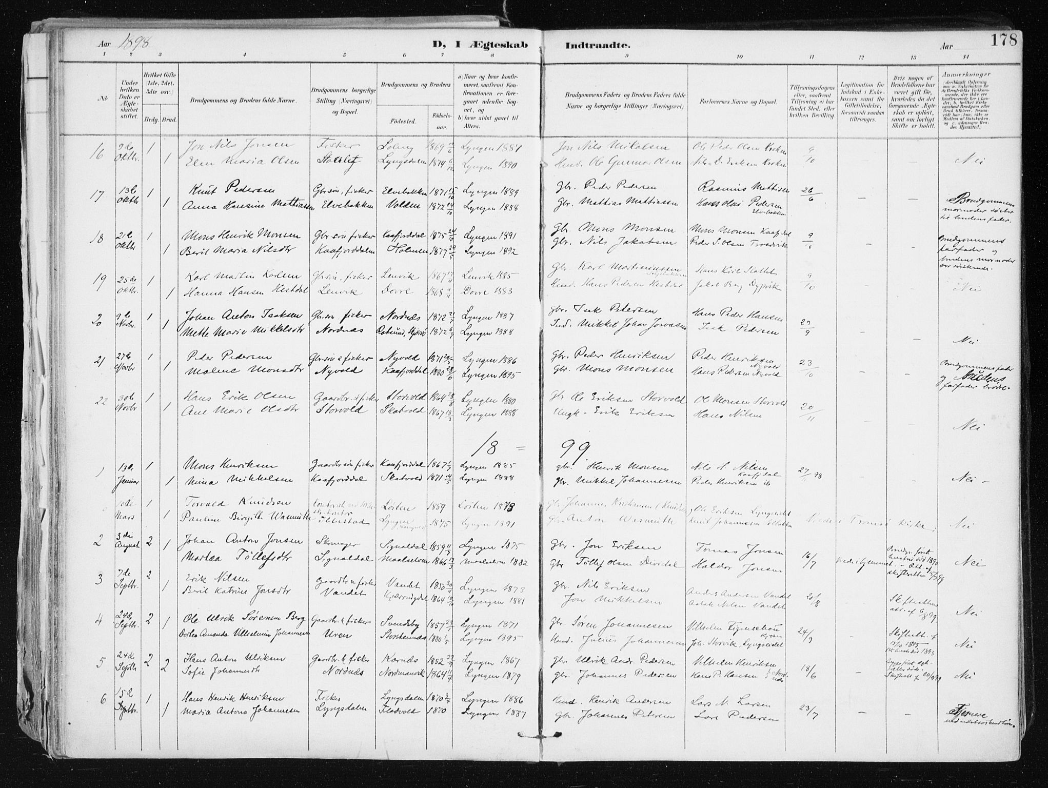 Lyngen sokneprestembete, SATØ/S-1289/H/He/Hea/L0008kirke: Parish register (official) no. 8, 1891-1902, p. 178