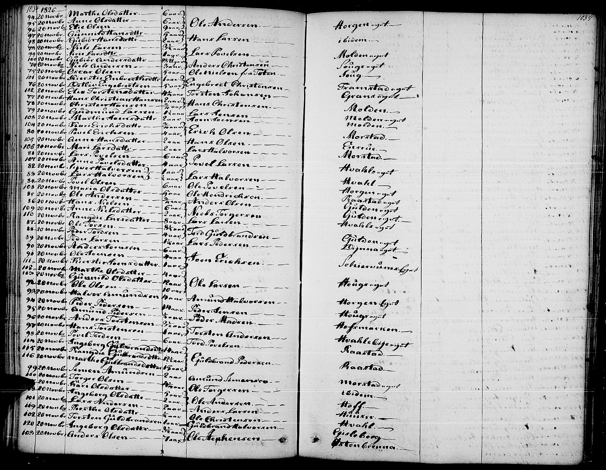 Gran prestekontor, AV/SAH-PREST-112/H/Ha/Haa/L0010: Parish register (official) no. 10, 1824-1842, p. 1034-1035