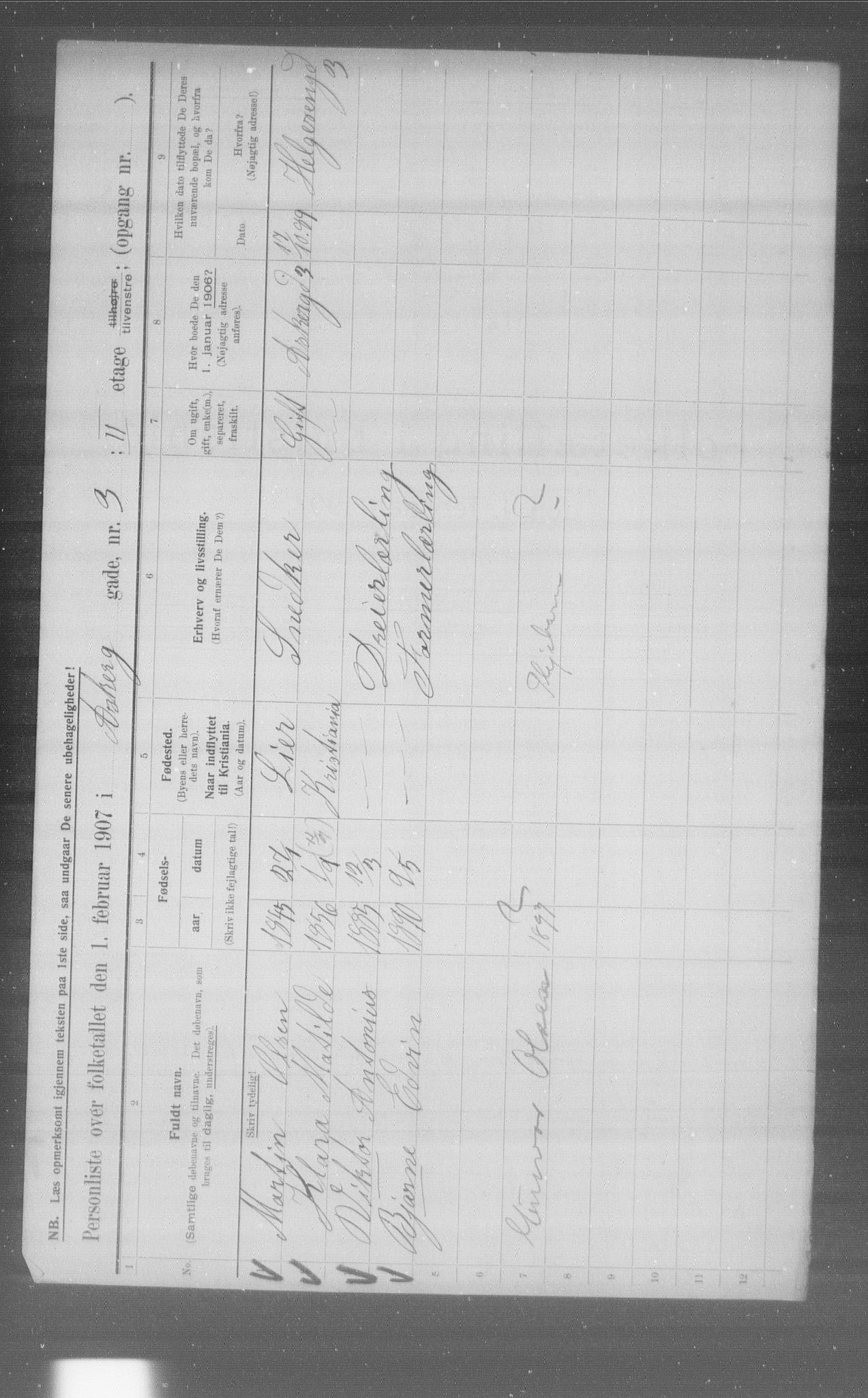 OBA, Municipal Census 1907 for Kristiania, 1907, p. 1329