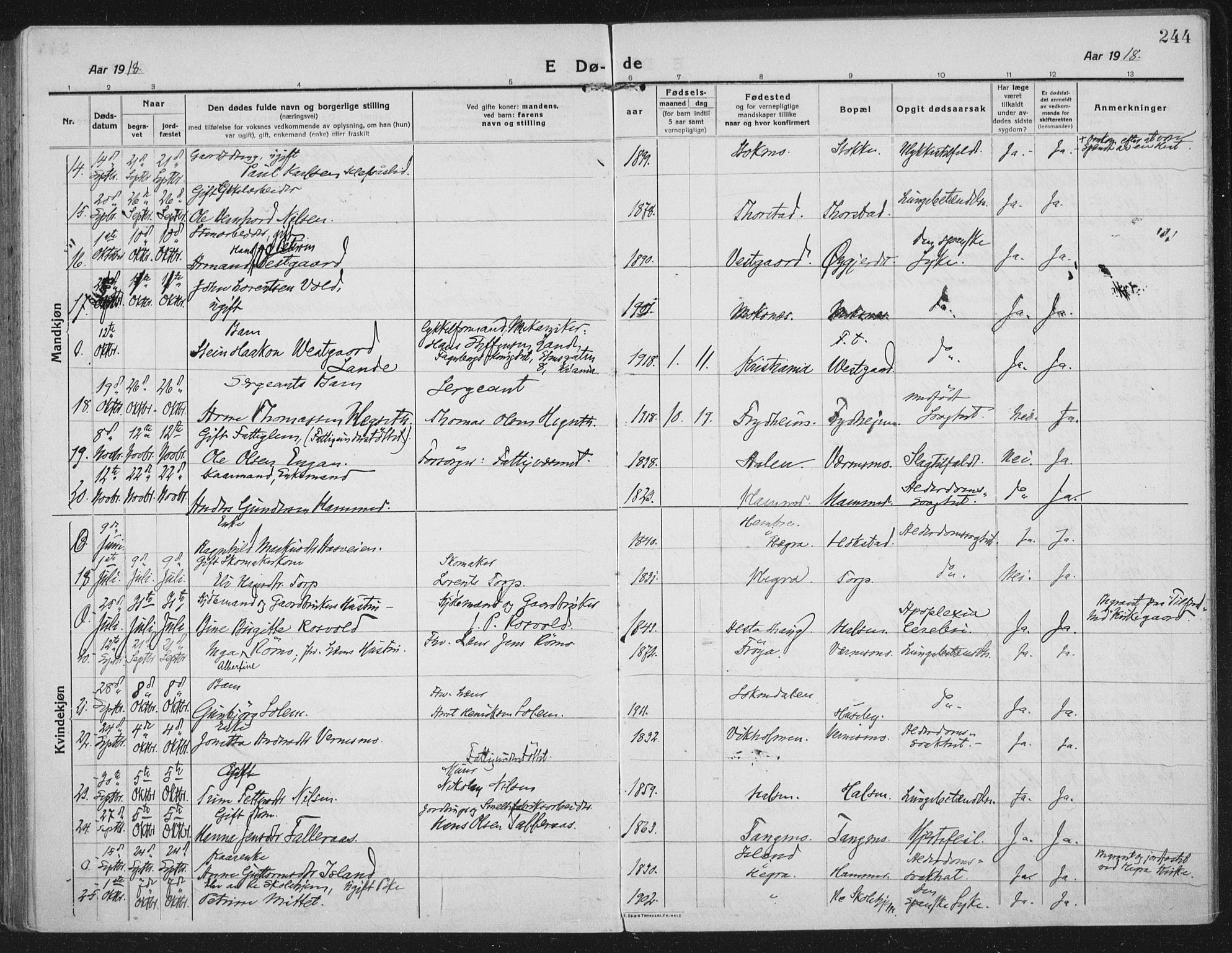 Ministerialprotokoller, klokkerbøker og fødselsregistre - Nord-Trøndelag, SAT/A-1458/709/L0083: Parish register (official) no. 709A23, 1916-1928, p. 244