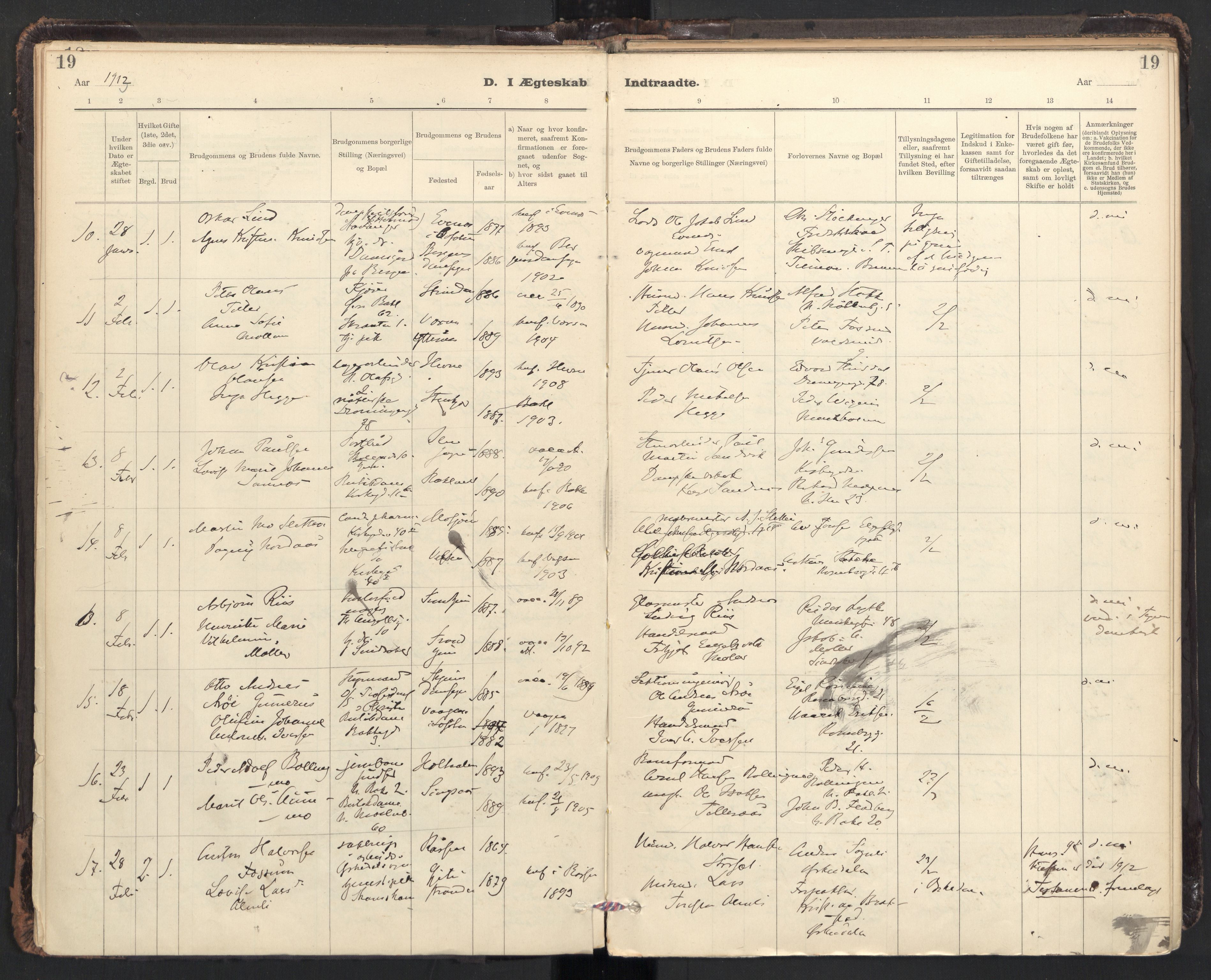 Ministerialprotokoller, klokkerbøker og fødselsregistre - Sør-Trøndelag, SAT/A-1456/604/L0204: Parish register (official) no. 604A24, 1911-1920, p. 19