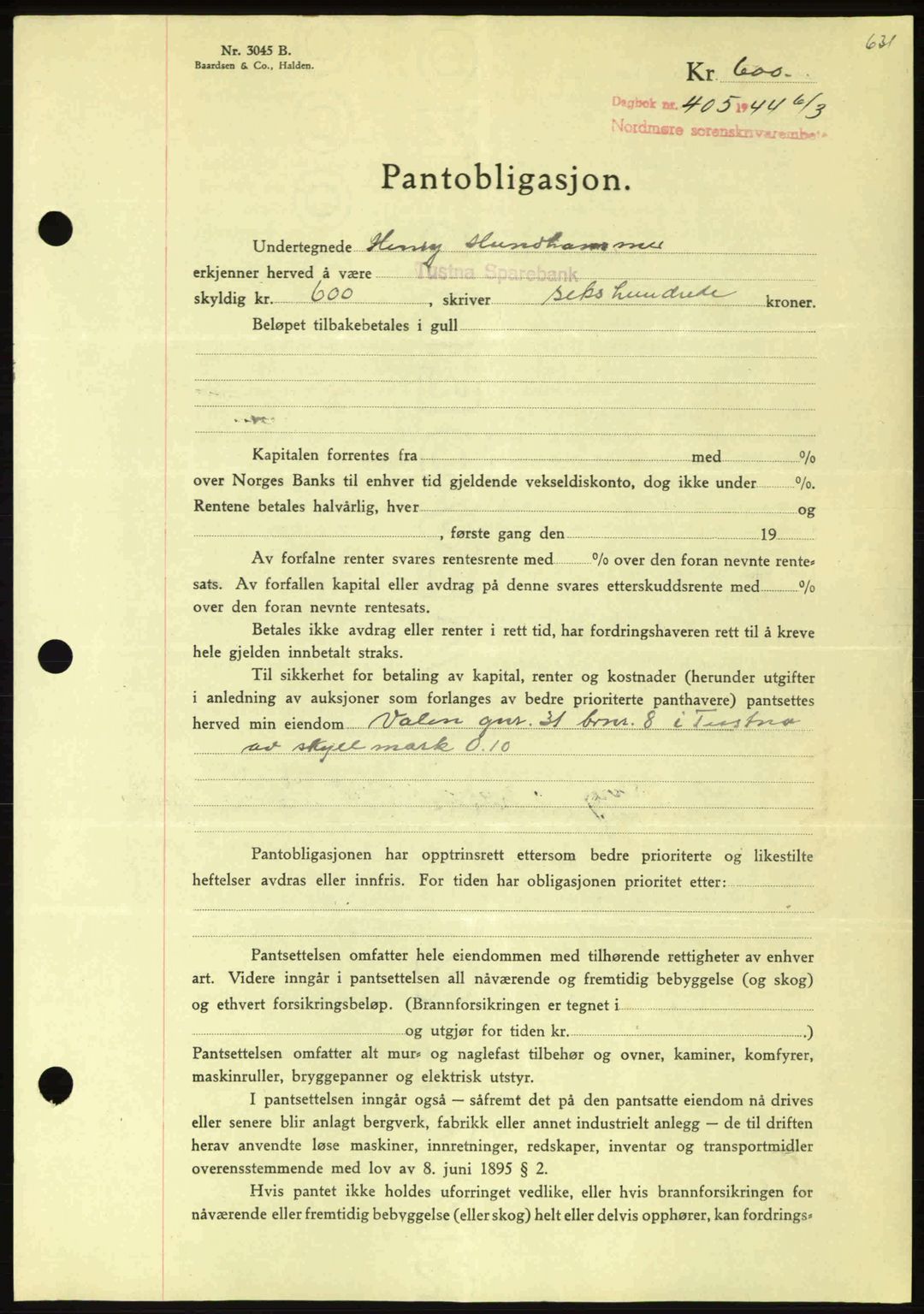 Nordmøre sorenskriveri, AV/SAT-A-4132/1/2/2Ca: Mortgage book no. B91, 1943-1944, Diary no: : 405/1944