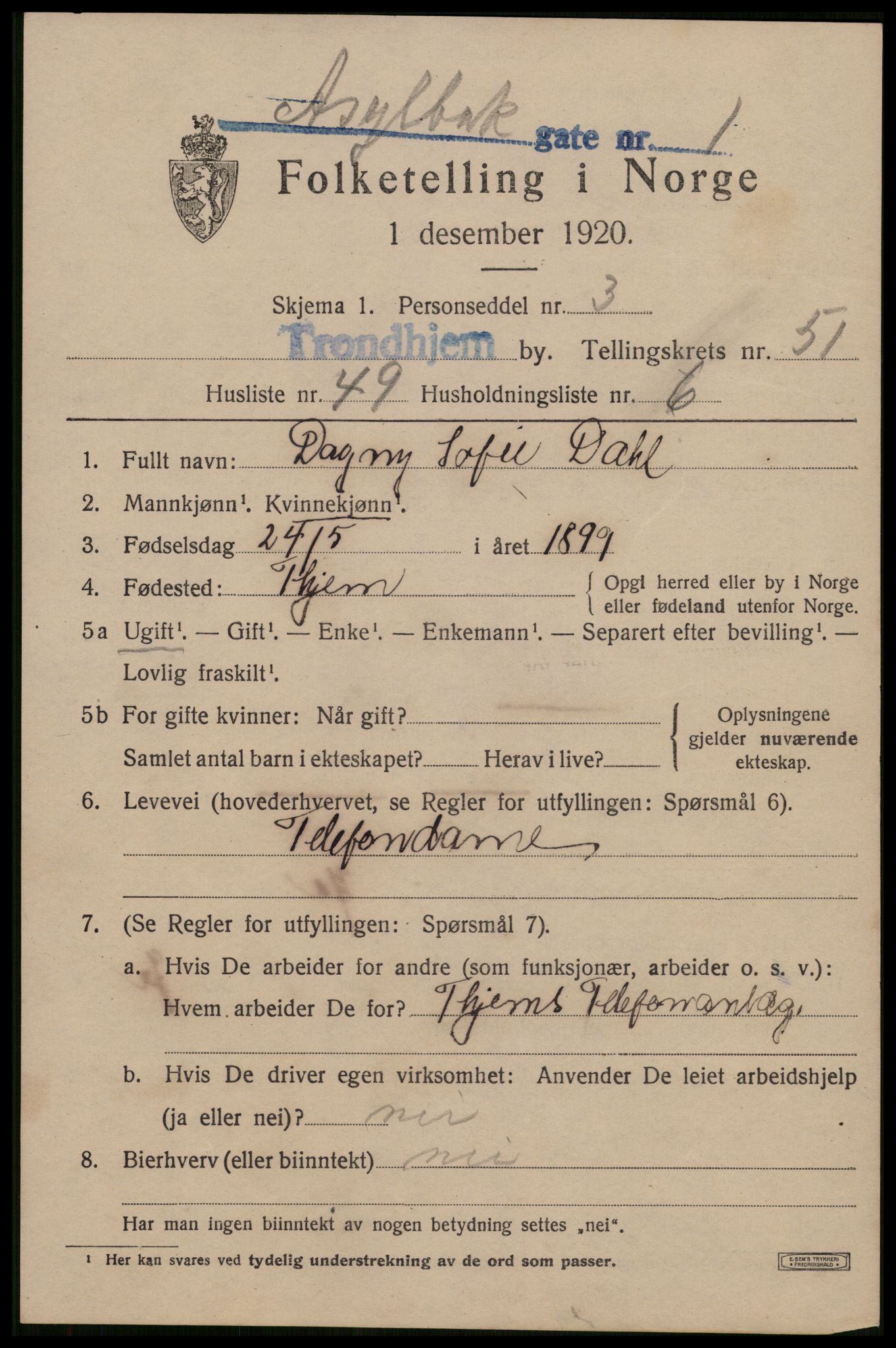 SAT, 1920 census for Trondheim, 1920, p. 106486