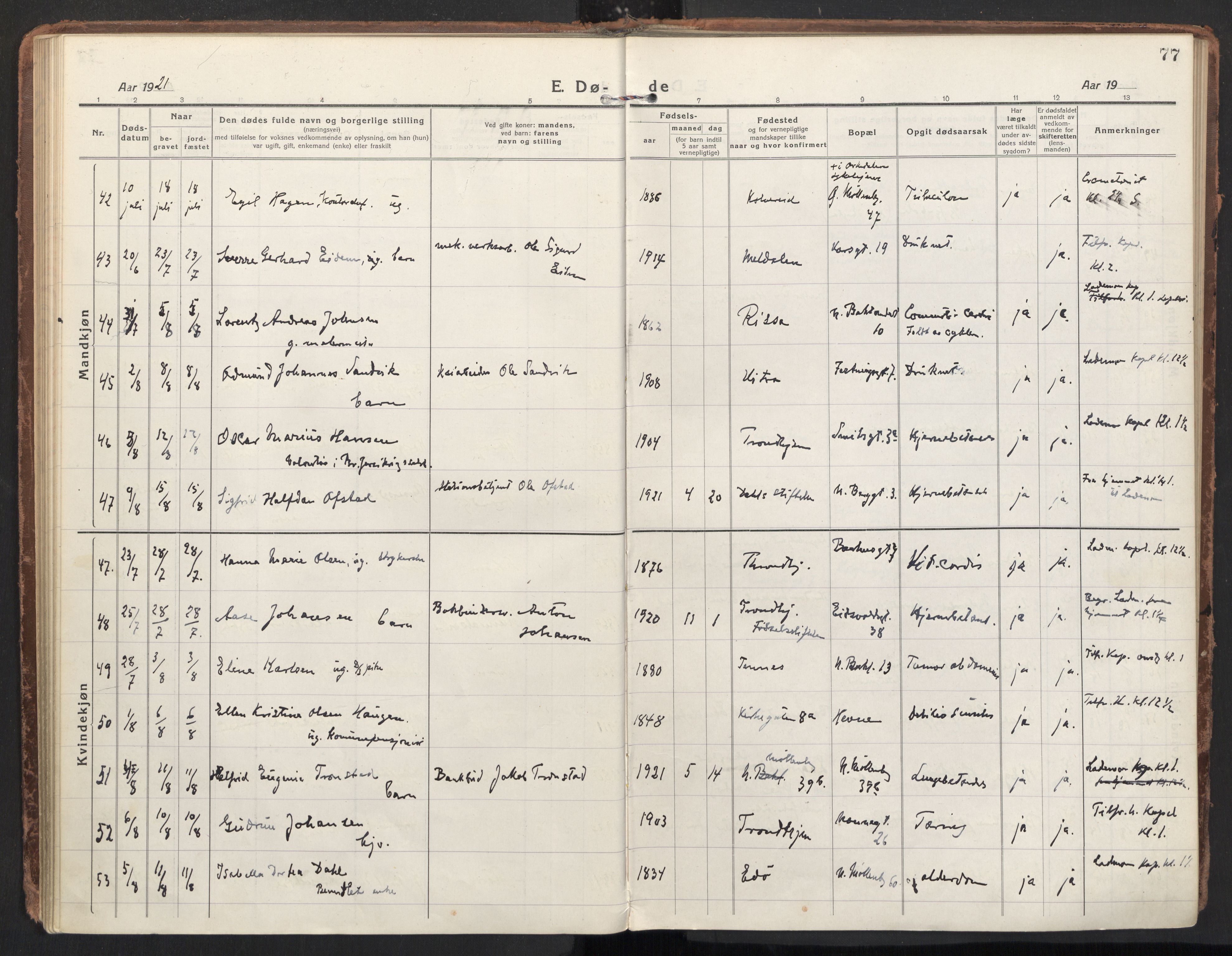 Ministerialprotokoller, klokkerbøker og fødselsregistre - Sør-Trøndelag, AV/SAT-A-1456/604/L0207: Parish register (official) no. 604A27, 1917-1933, p. 77