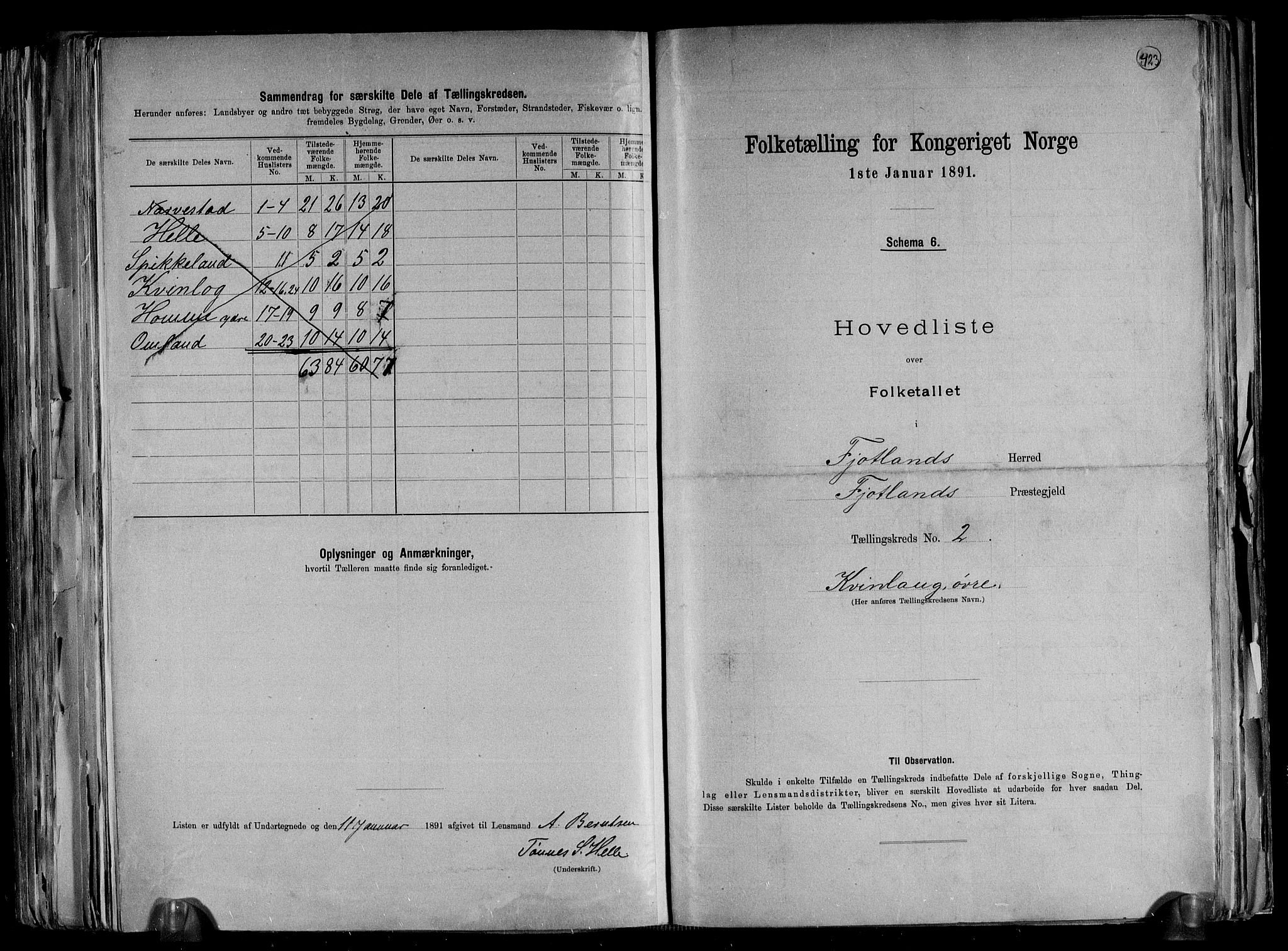 RA, 1891 census for 1036 Fjotland, 1891, p. 7