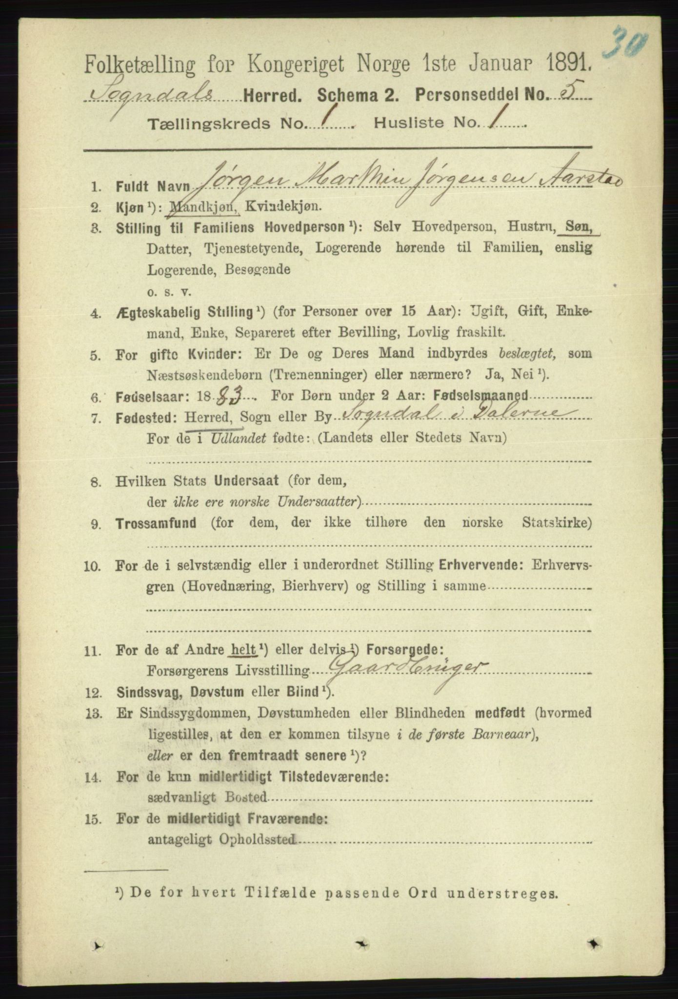 RA, 1891 census for 1111 Sokndal, 1891, p. 91