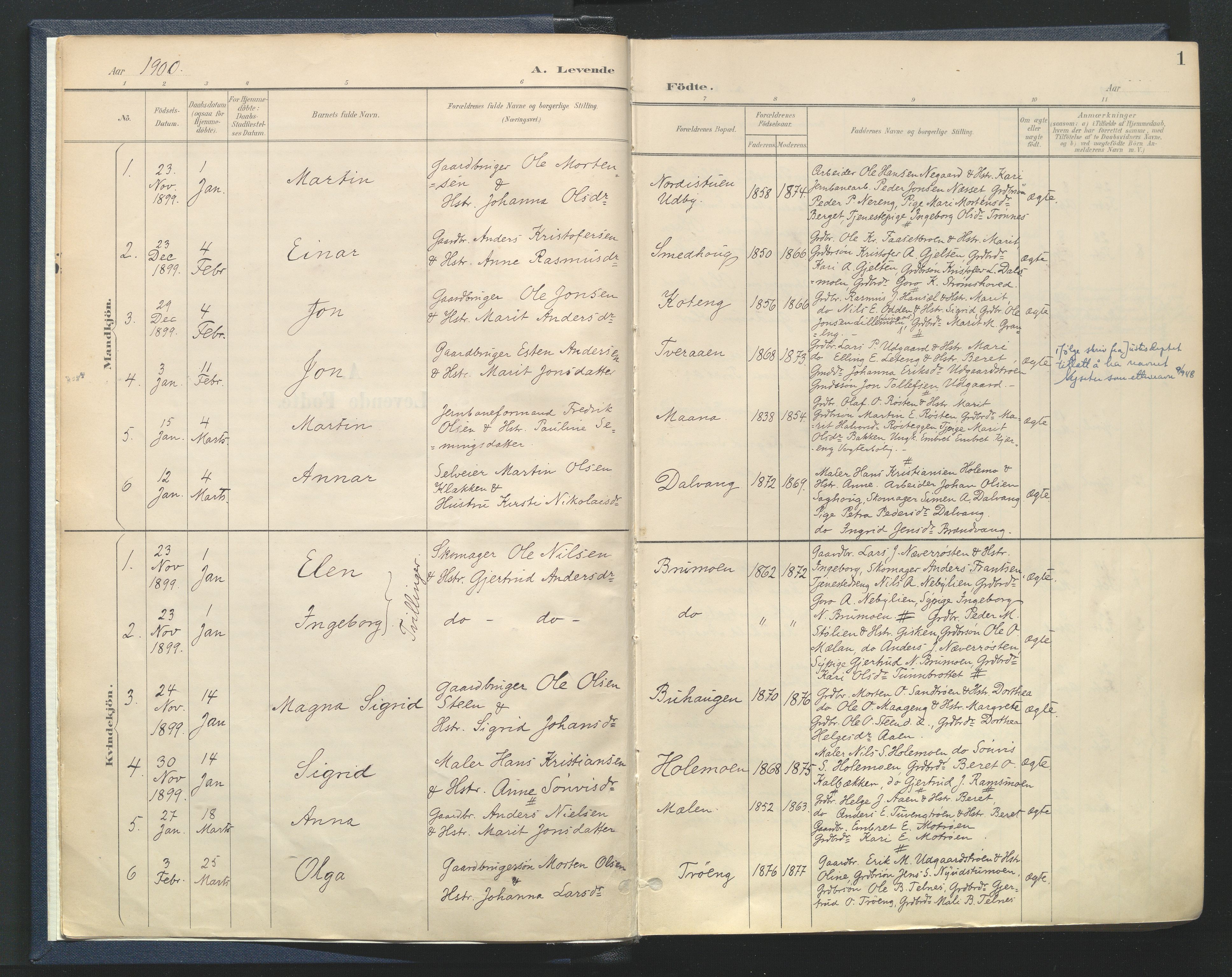 Tynset prestekontor, SAH/PREST-058/H/Ha/Haa/L0025: Parish register (official) no. 25, 1900-1914, p. 1